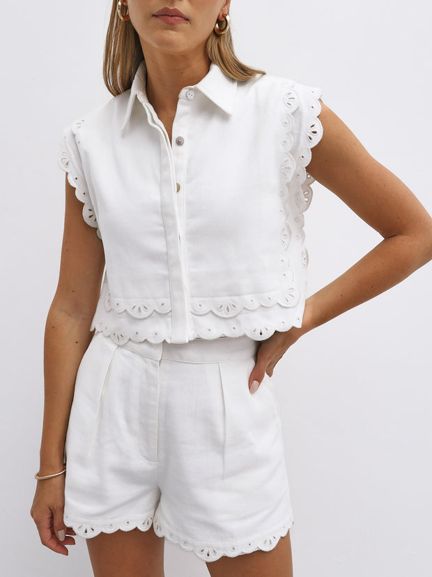 Nyla Cutwork Embroidery Denim Shorts | White