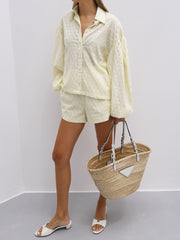 Sabrina Embroidery Cotton Volume Sleeve Shirt | Lemon & White