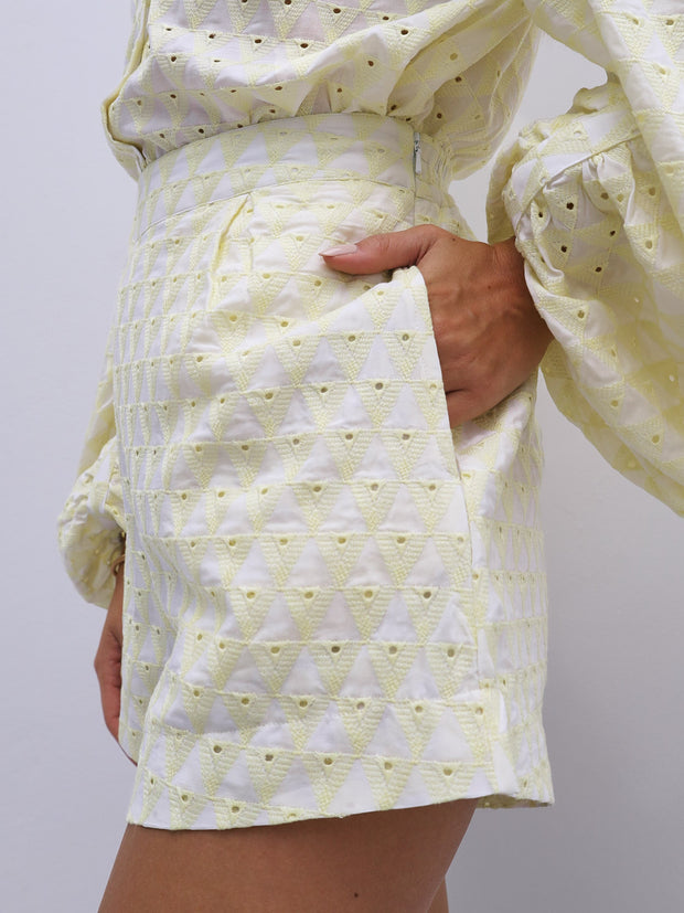 Sabrina Embroidery Cotton Day Shorts | Lemon & White