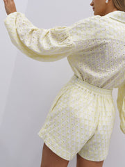 Sabrina Embroidery Cotton Volume Sleeve Shirt | Lemon & White