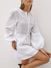 Anu Linen Button Down Dress | White