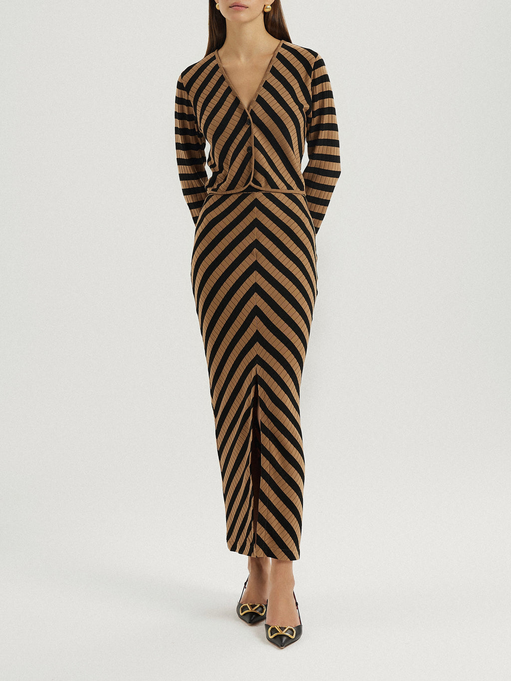 Natalia Knitted Stripe Cardigan | Toffee/Black