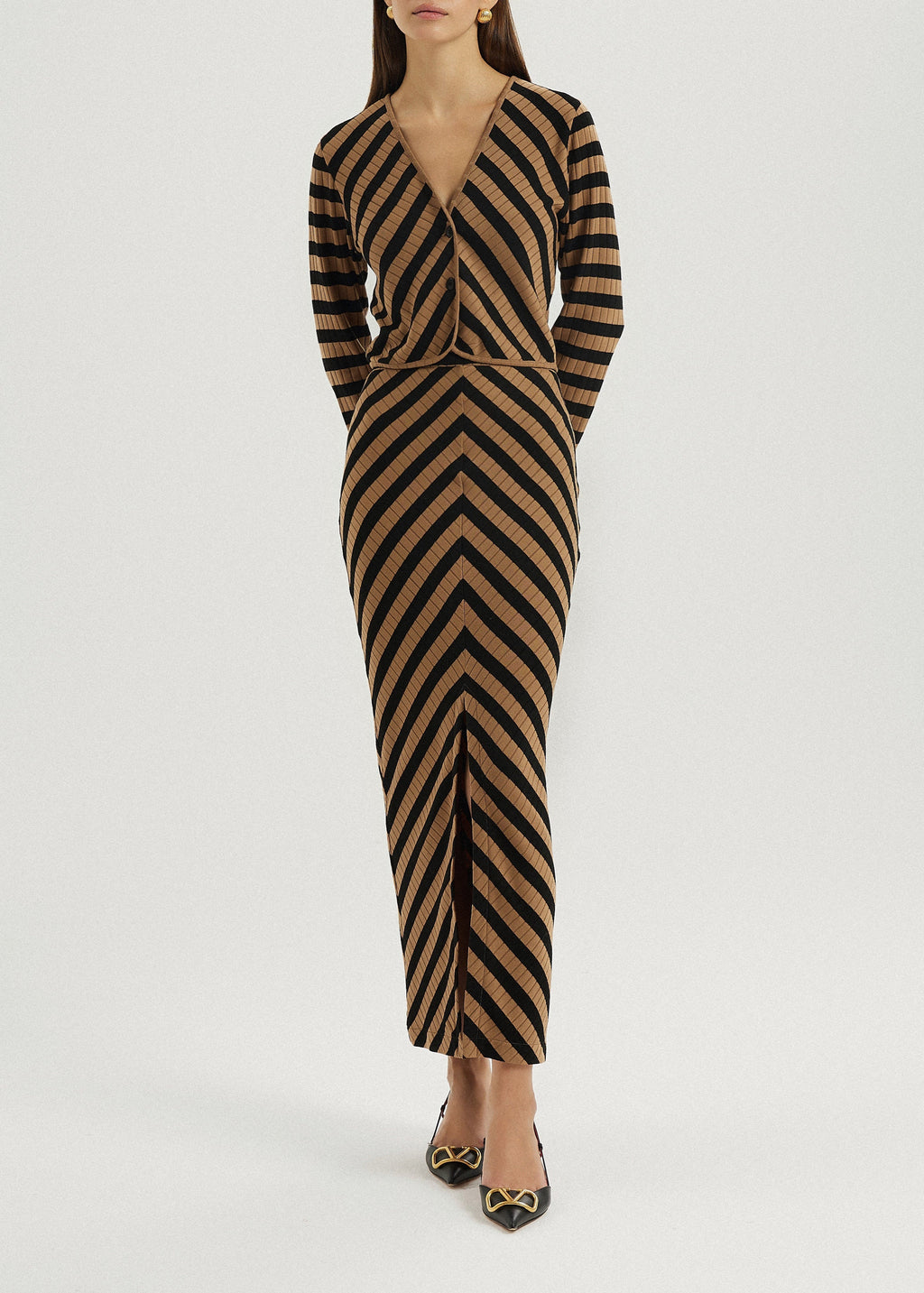 Natalia Knitted Stripe Pencil Skirt | Toffee/Black
