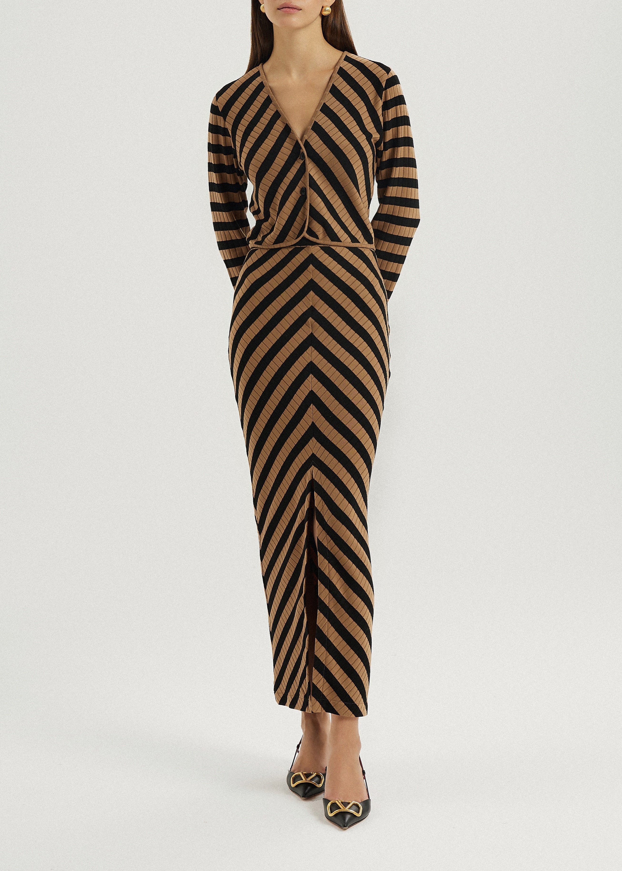 Natalia Knitted Stripe Pencil Skirt | Toffee/Black