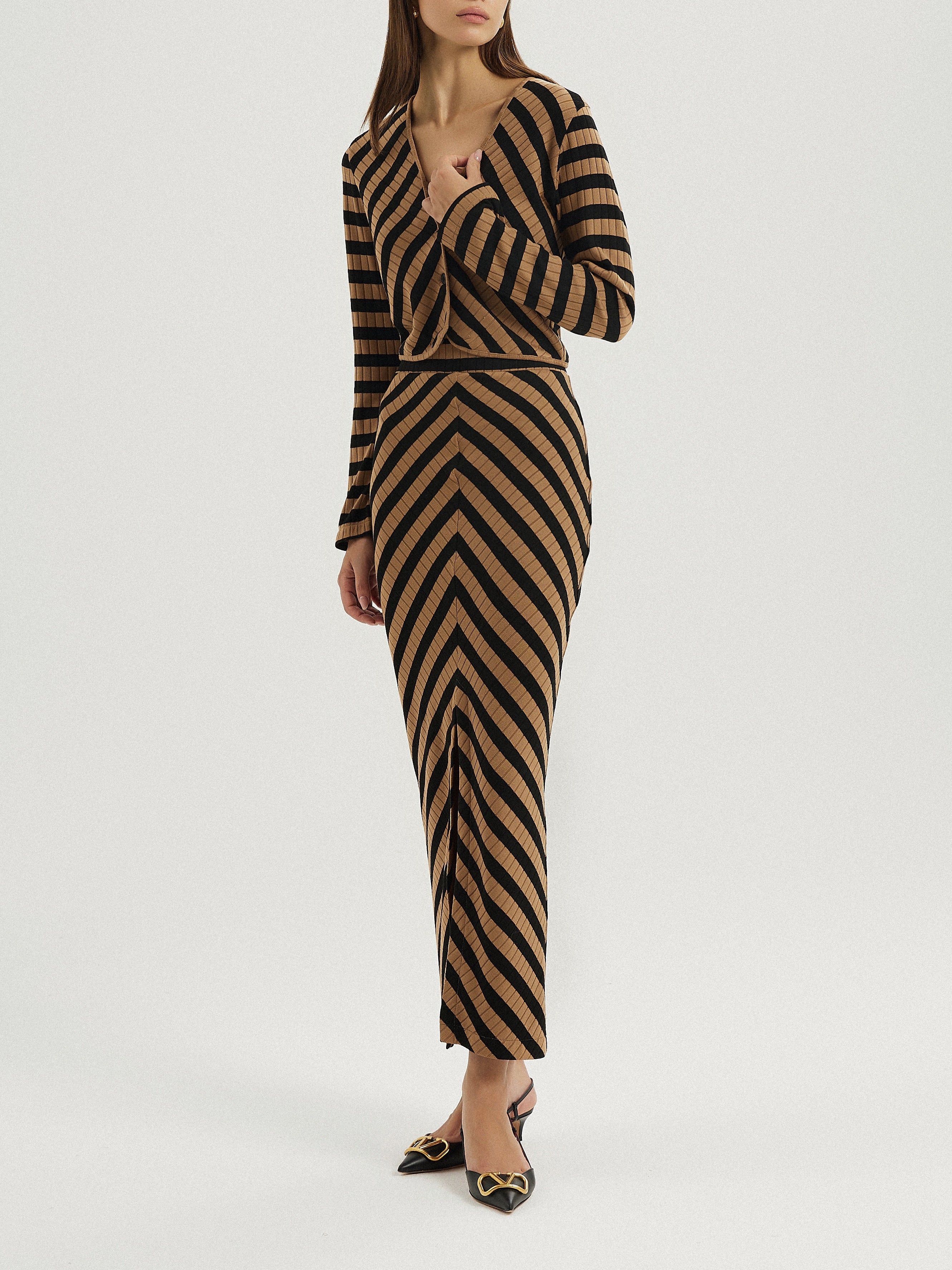 Natalia Knitted Stripe Pencil Skirt | Toffee/Black