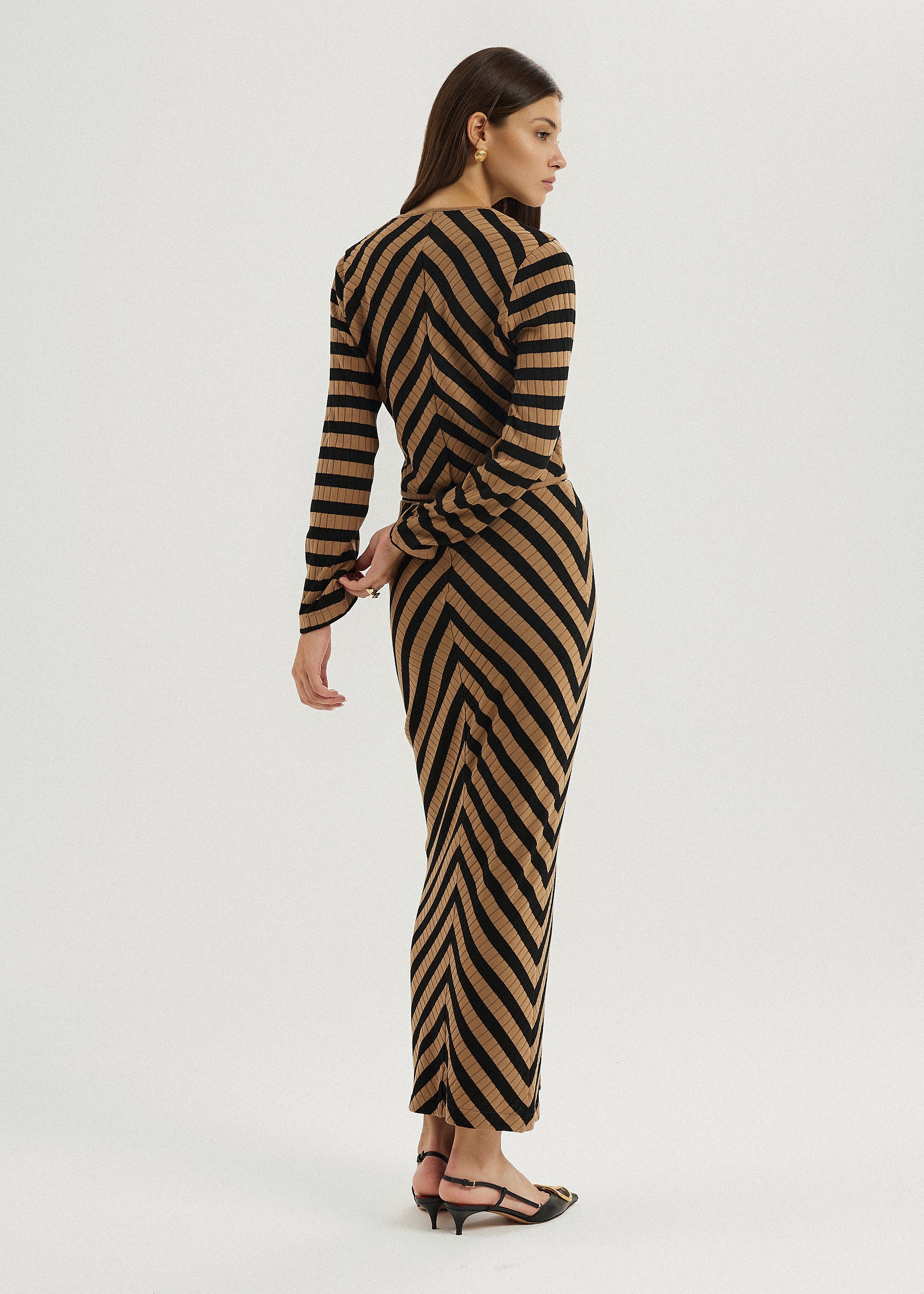 Natalia Knitted Stripe Pencil Skirt | Toffee/Black