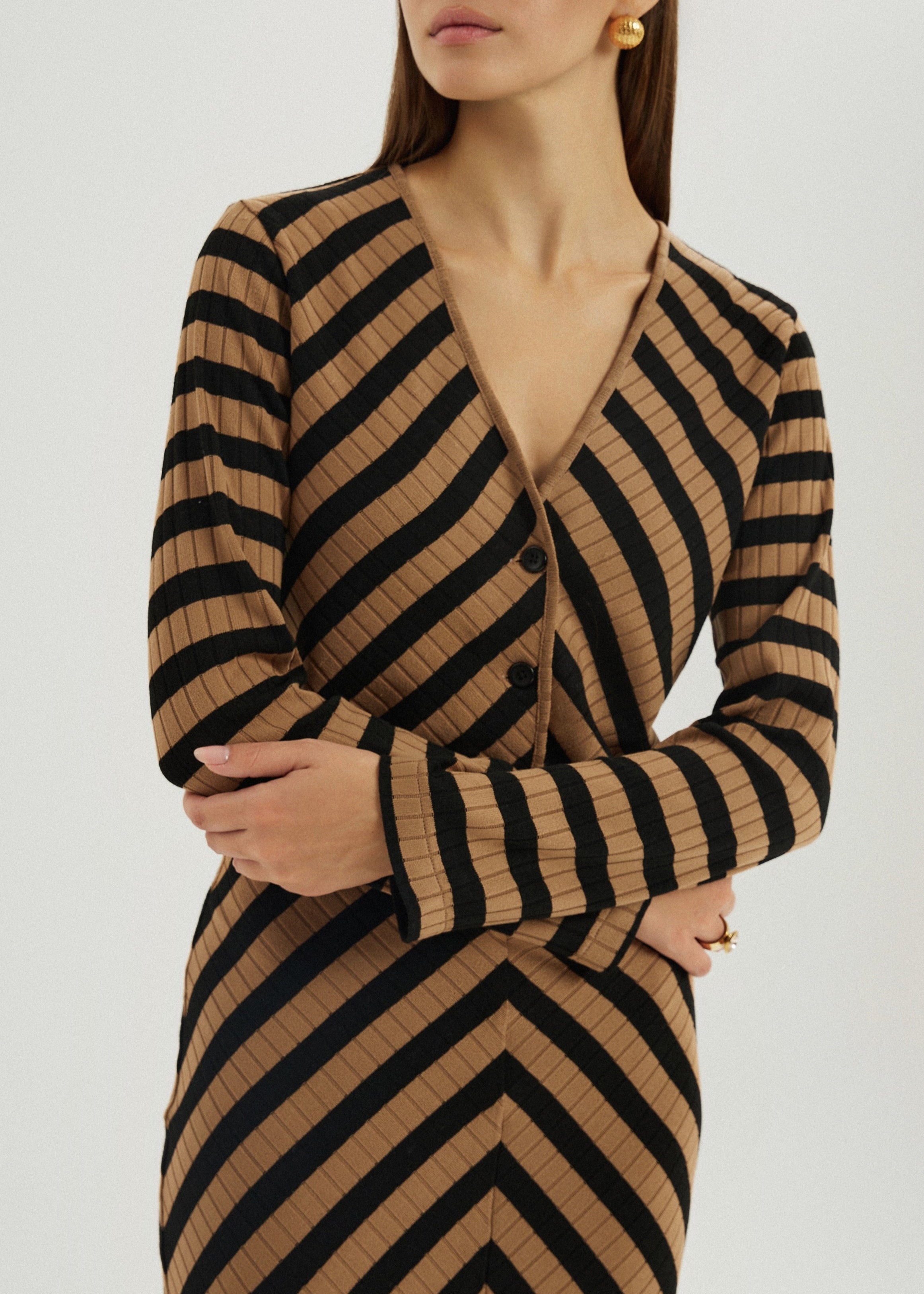 Natalia Knitted Stripe Cardigan | Toffee/Black