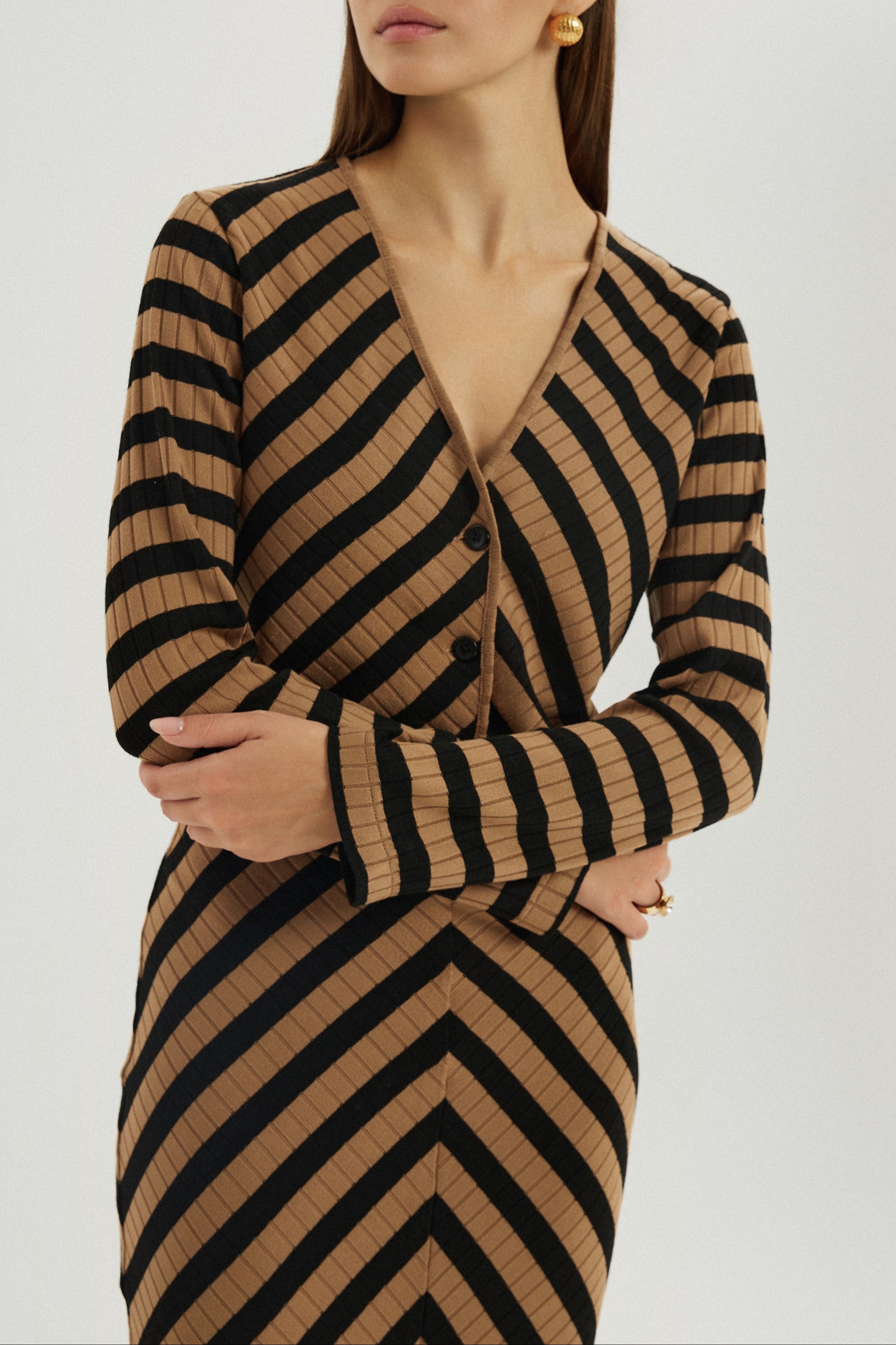 Natalia Knitted Stripe Pencil Skirt | Toffee/Black