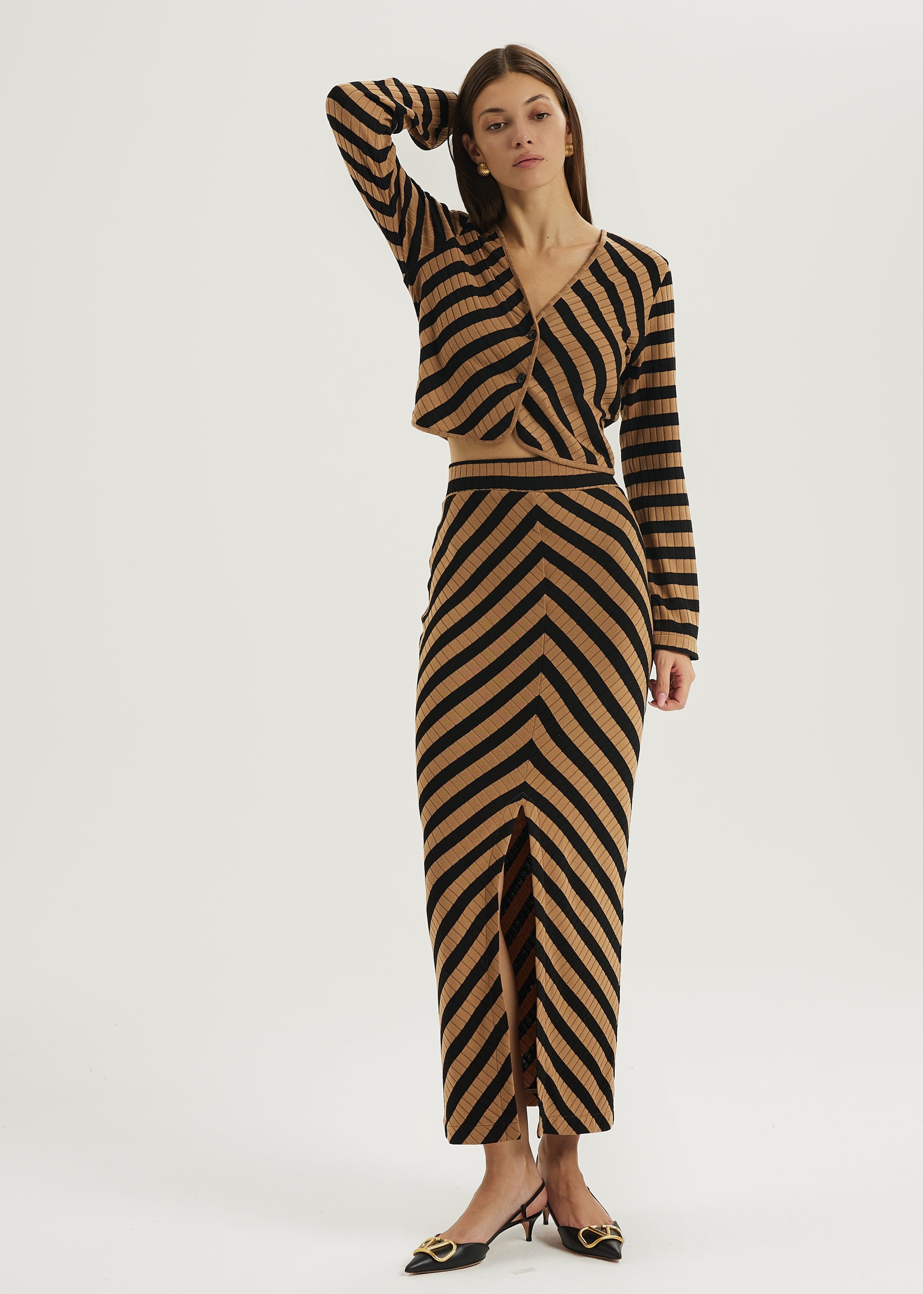 Natalia Knitted Stripe Pencil Skirt | Toffee/Black