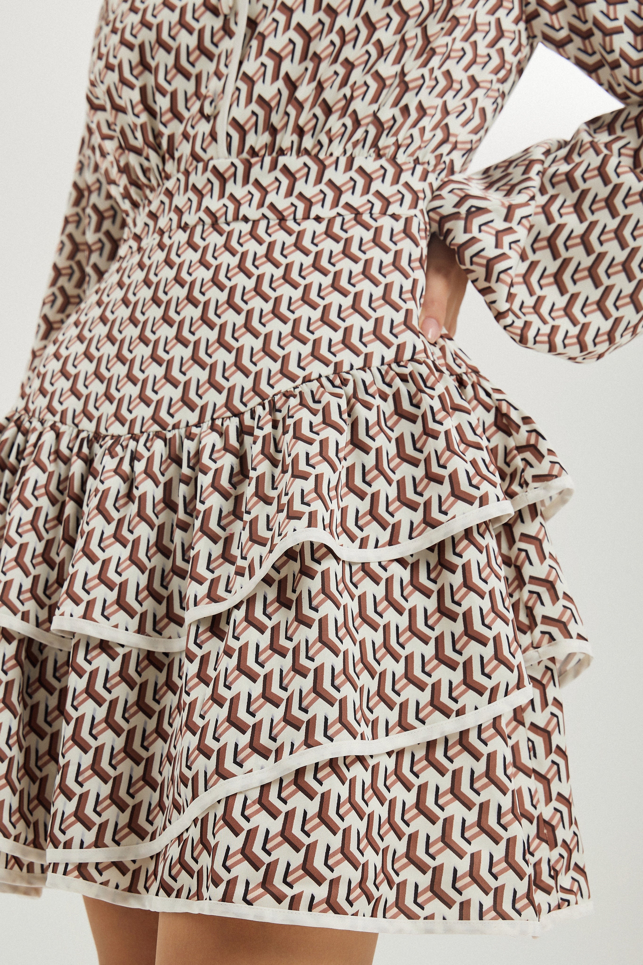 Oxana Geo Print Tiered Frill Dress | Ivory Brown