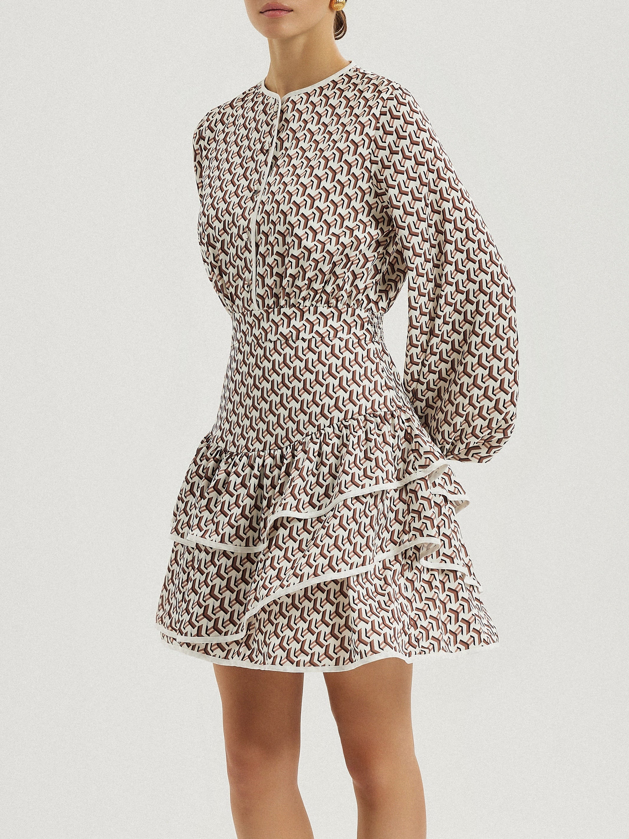 Oxana Geo Print Tiered Frill Dress | Ivory Brown