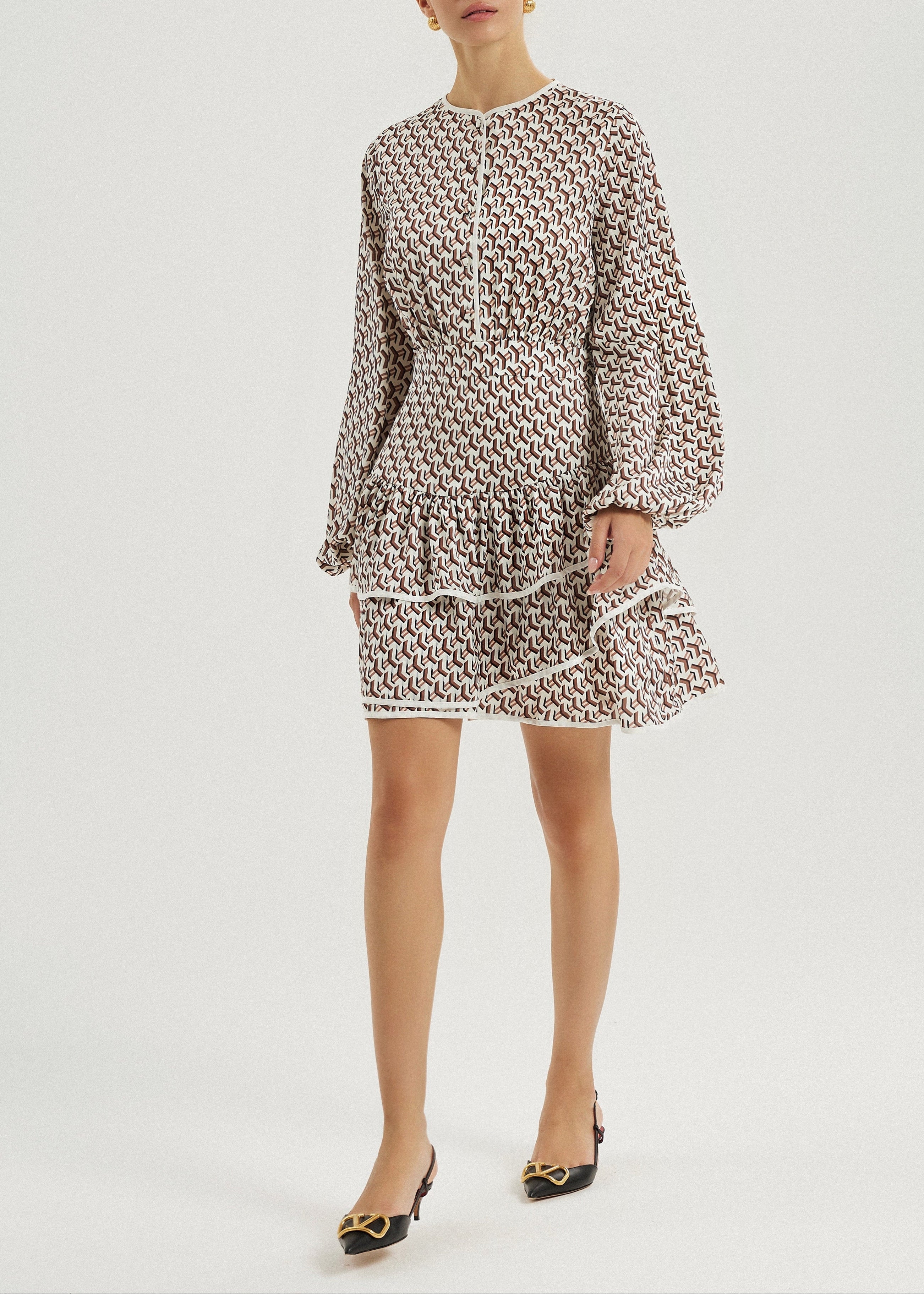 Oxana Geo Print Tiered Frill Dress | Ivory Brown