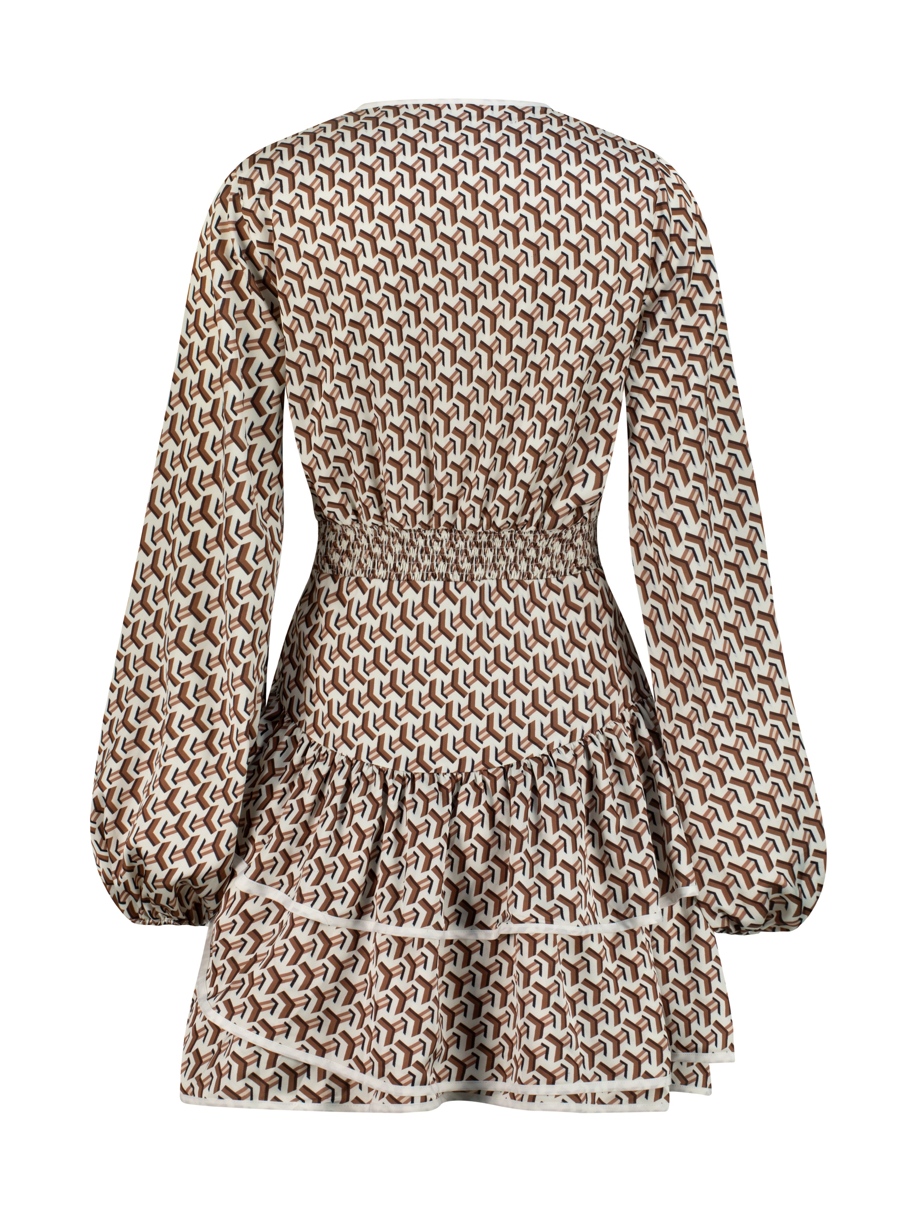 Oxana Geo Print Tiered Frill Dress | Ivory Brown