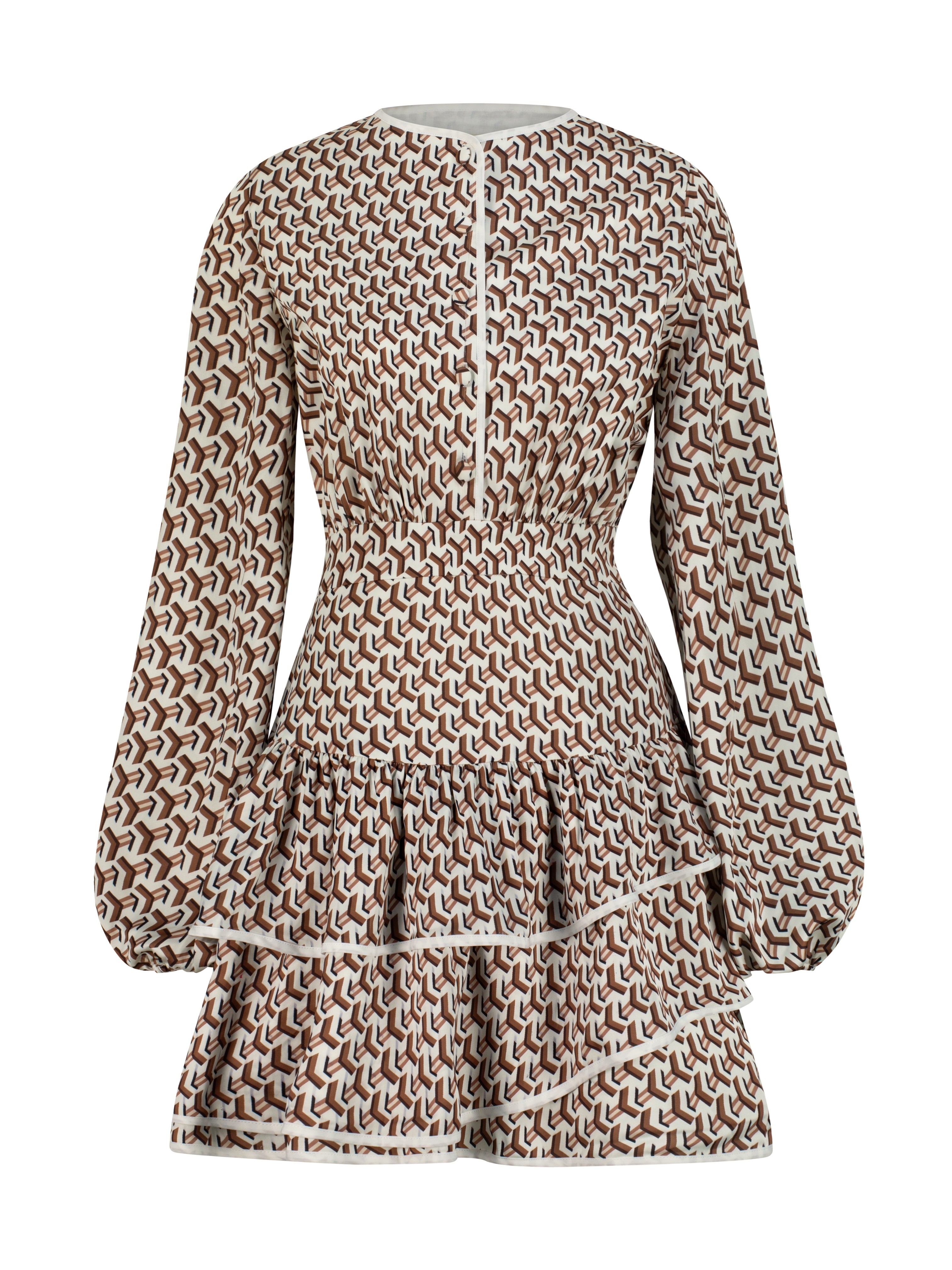Oxana Geo Print Tiered Frill Dress | Ivory Brown