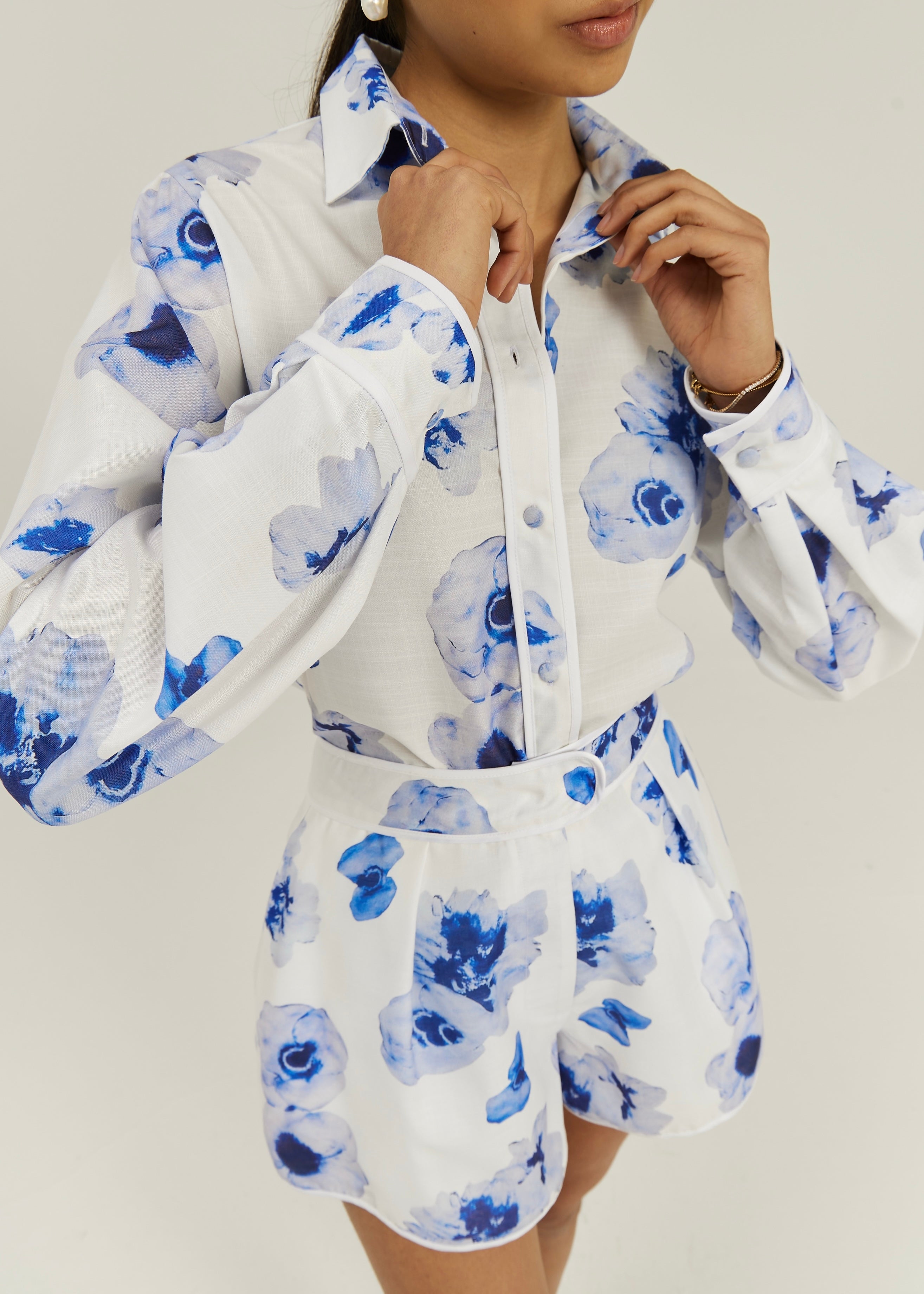 Petra Watercolour Floral Shirt | White/Blue