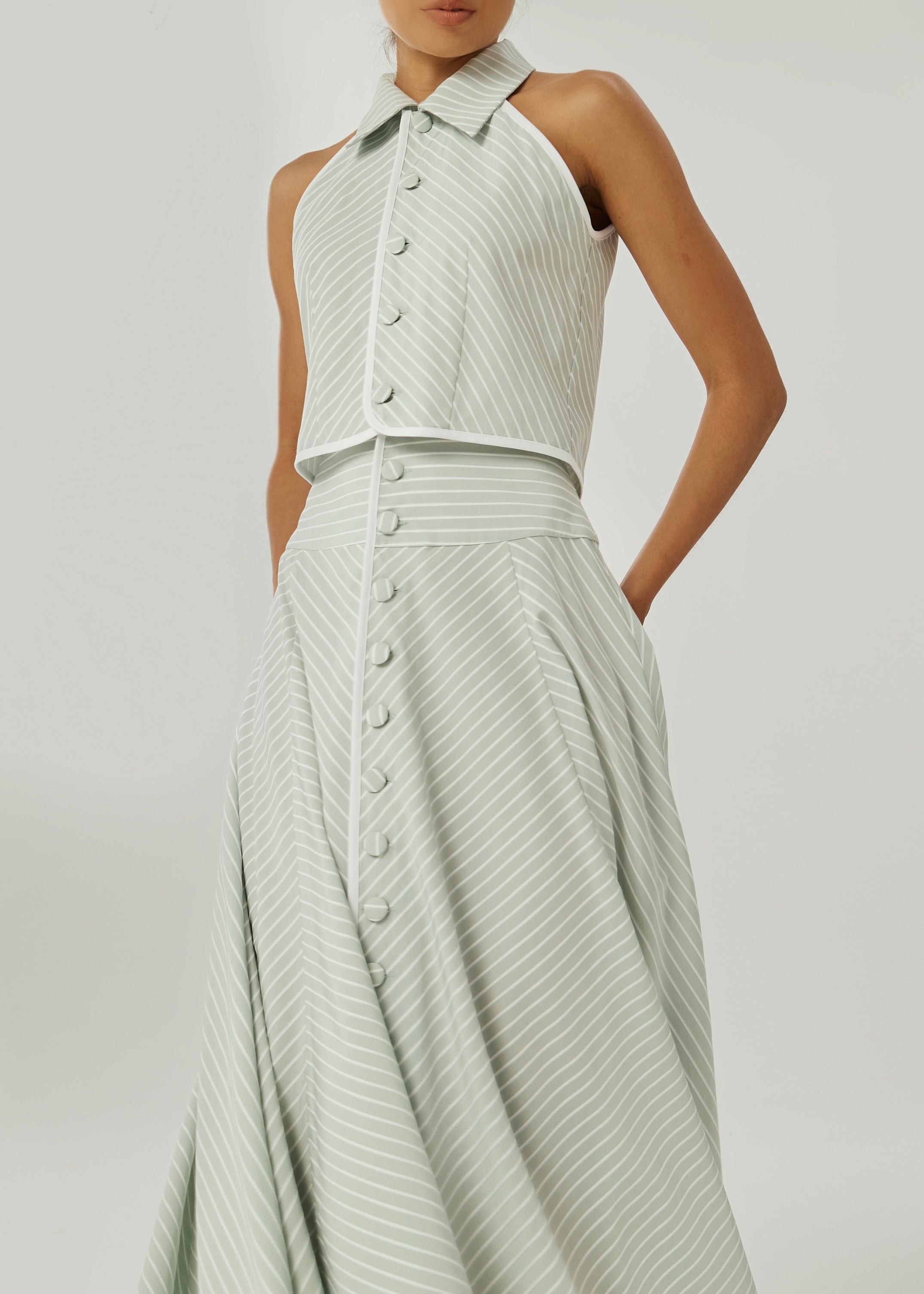 Ria Resort Stripe Sleeveless Shirt | Matcha/White