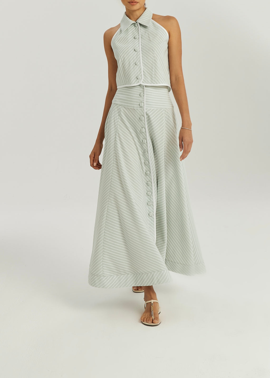 Ria Resort Stripe Sleeveless Shirt | Matcha/White