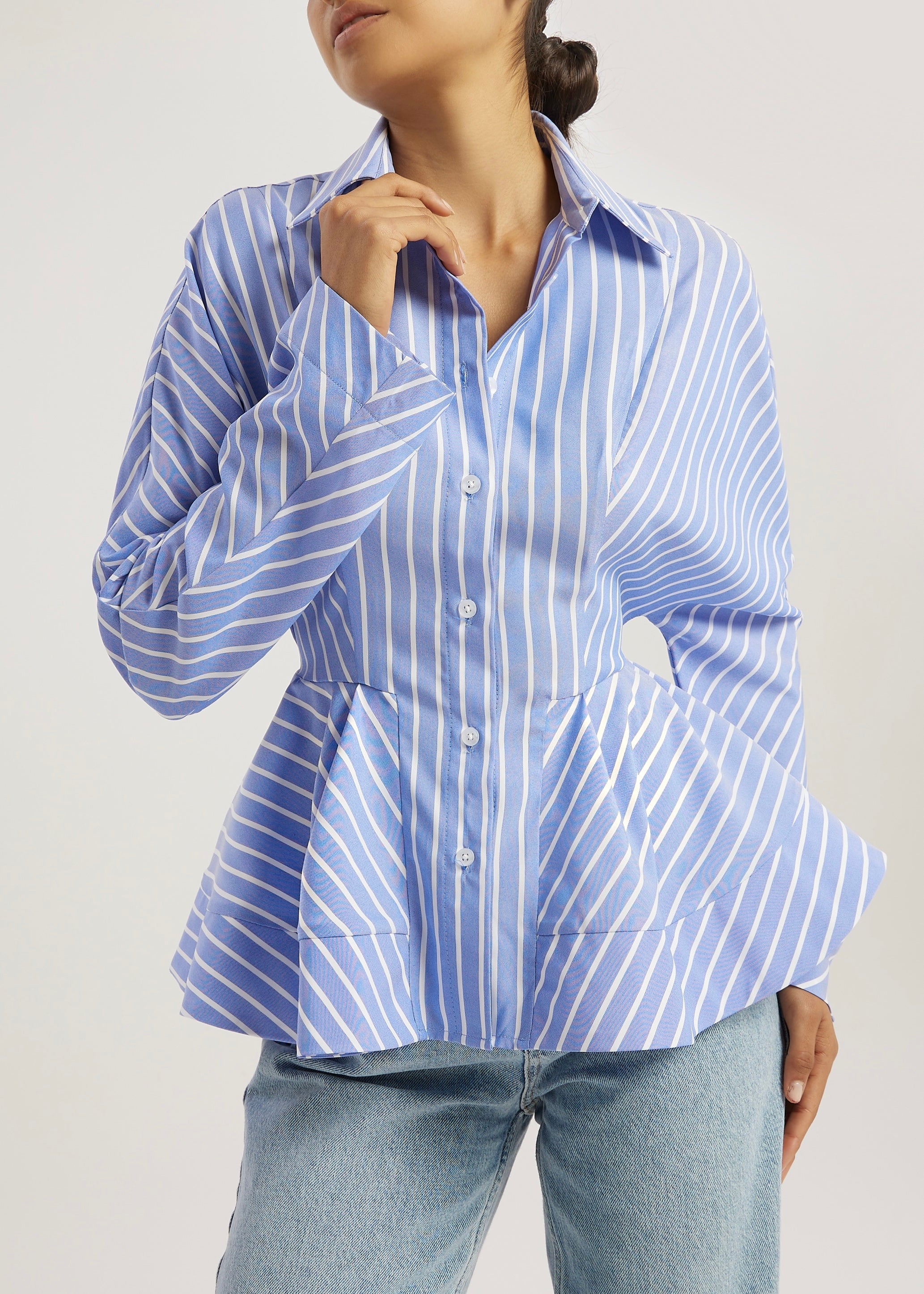 Riina Stripe Premium Peplum Shirt | Blue/White