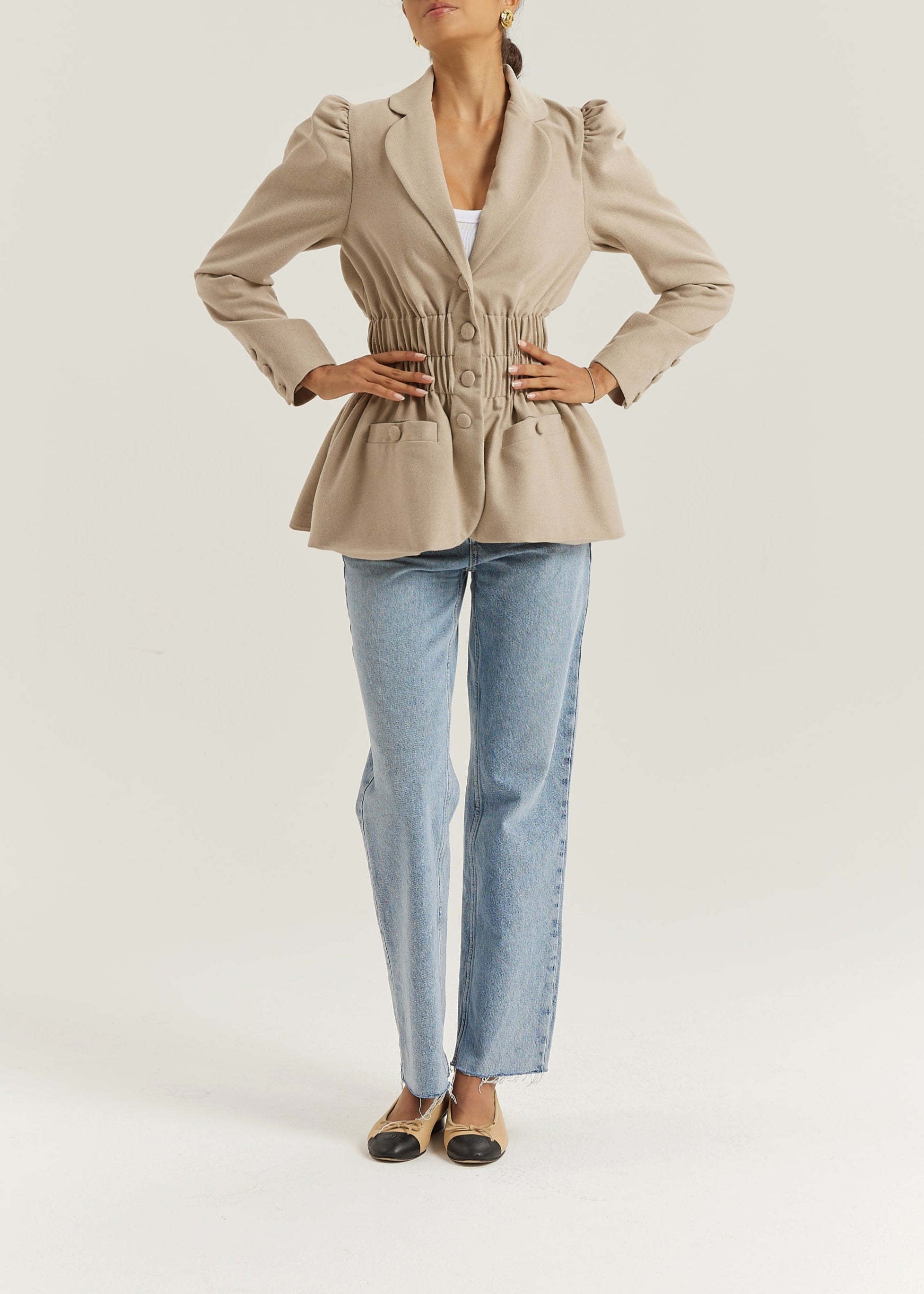 Selina Ruched Waist Elegance Blazer | Almond