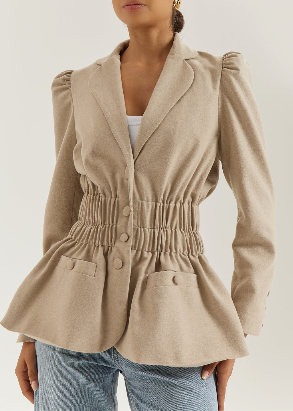 Selina Ruched Waist Elegance Blazer | Almond