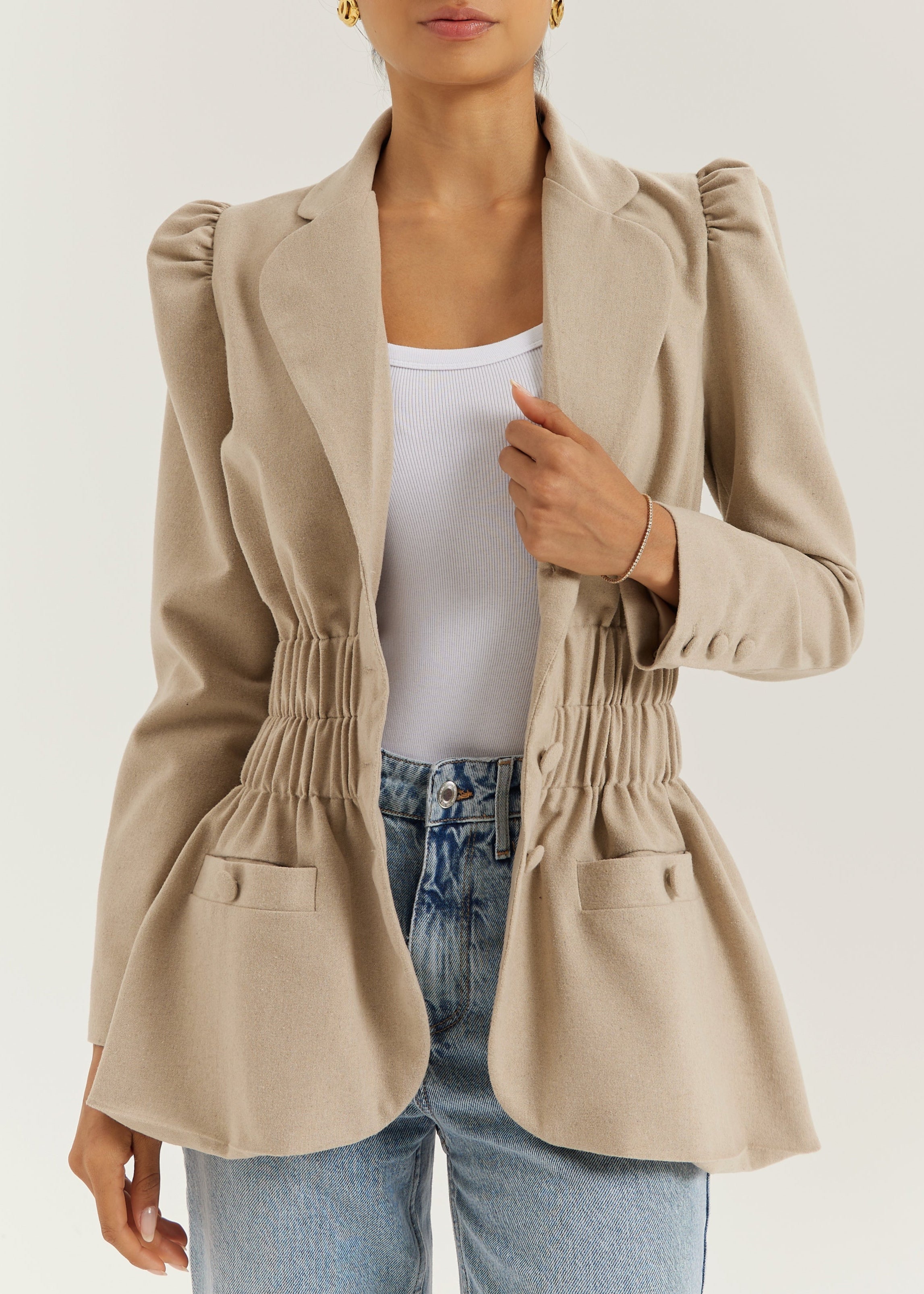 Selina Ruched Waist Elegance Blazer | Almond