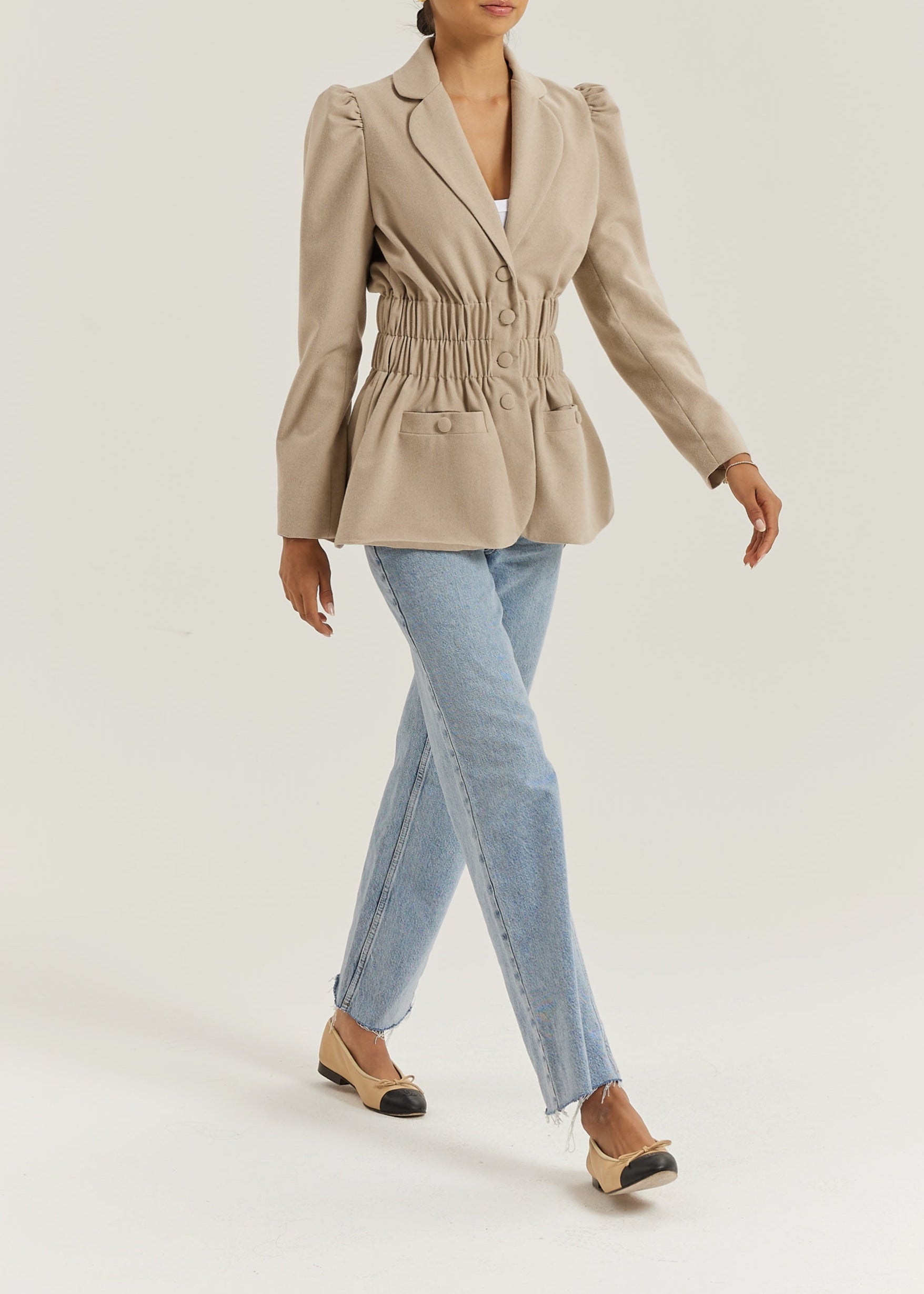 Selina Ruched Waist Elegance Blazer | Almond