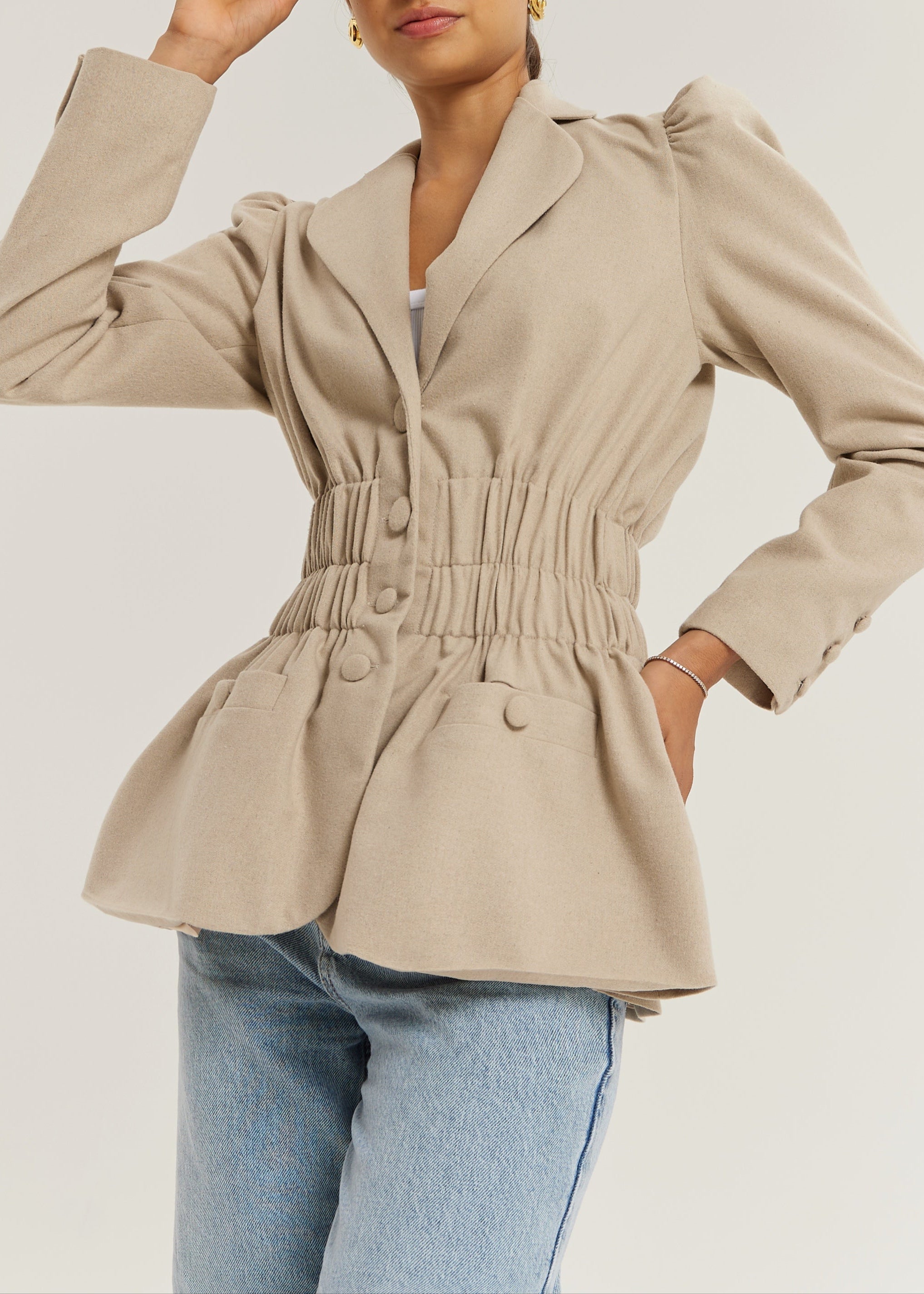 Selina Ruched Waist Elegance Blazer | Almond