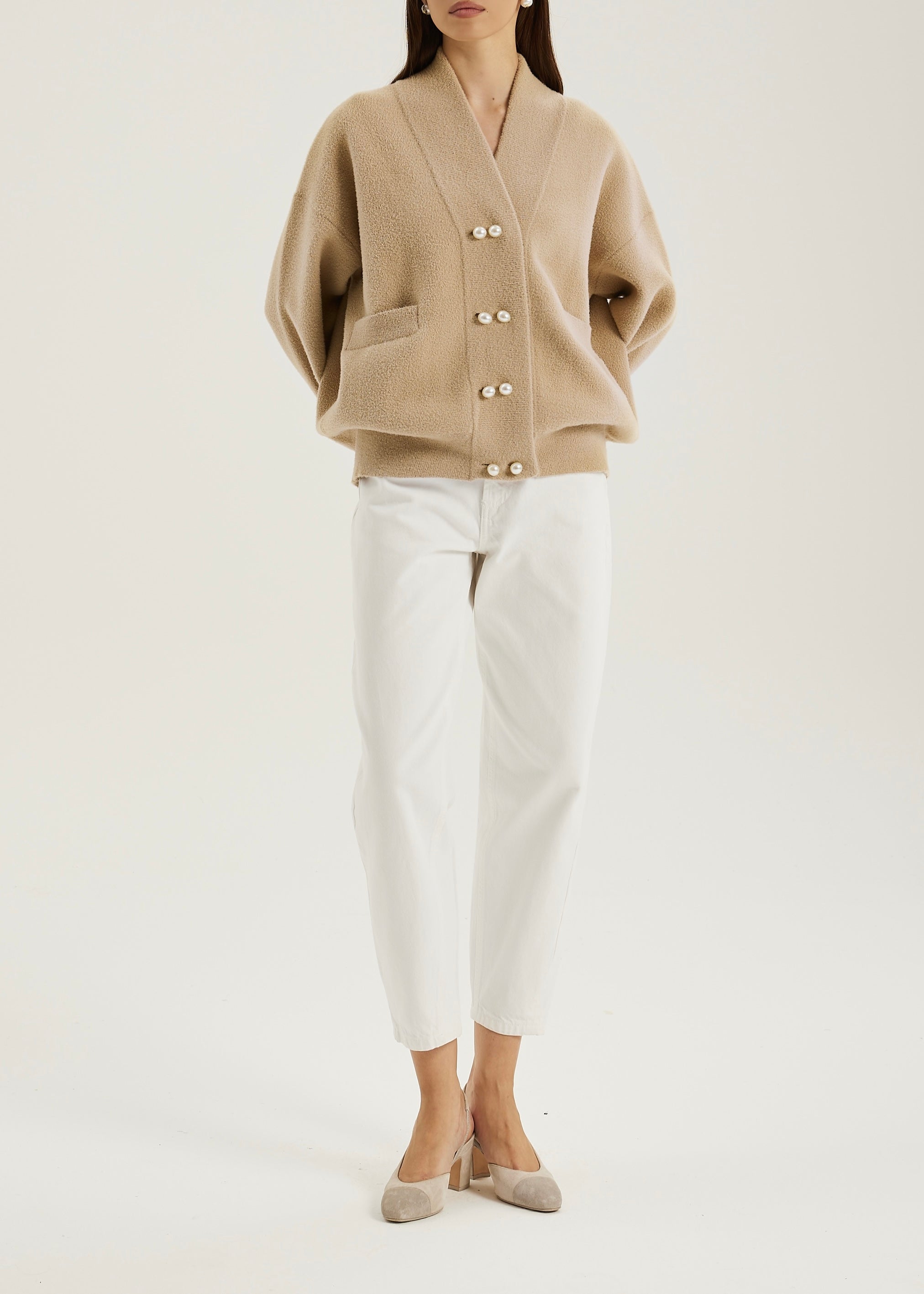Sharla Pearl Button Plush Cardigan | Latte