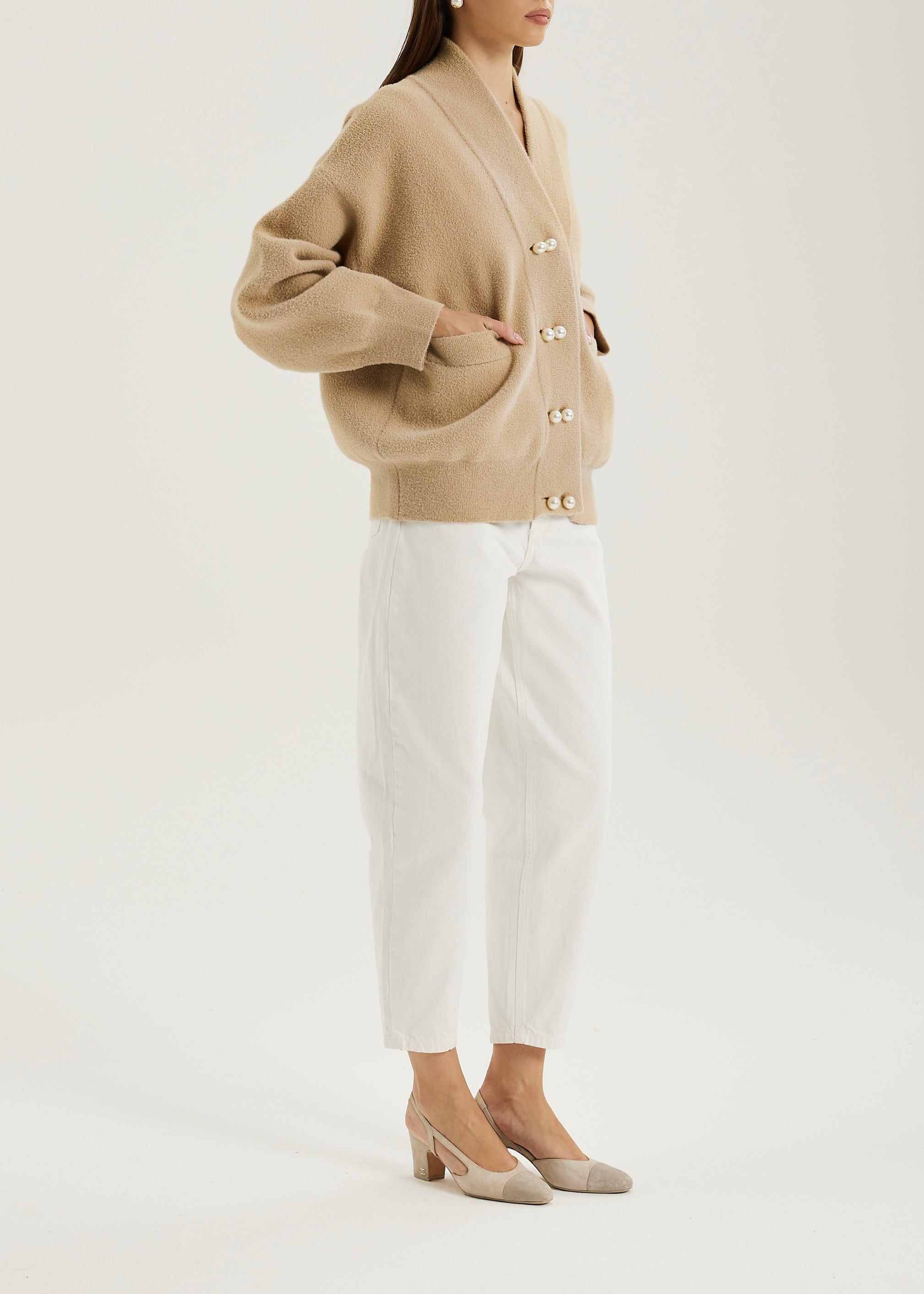 Sharla Pearl Button Plush Cardigan | Latte
