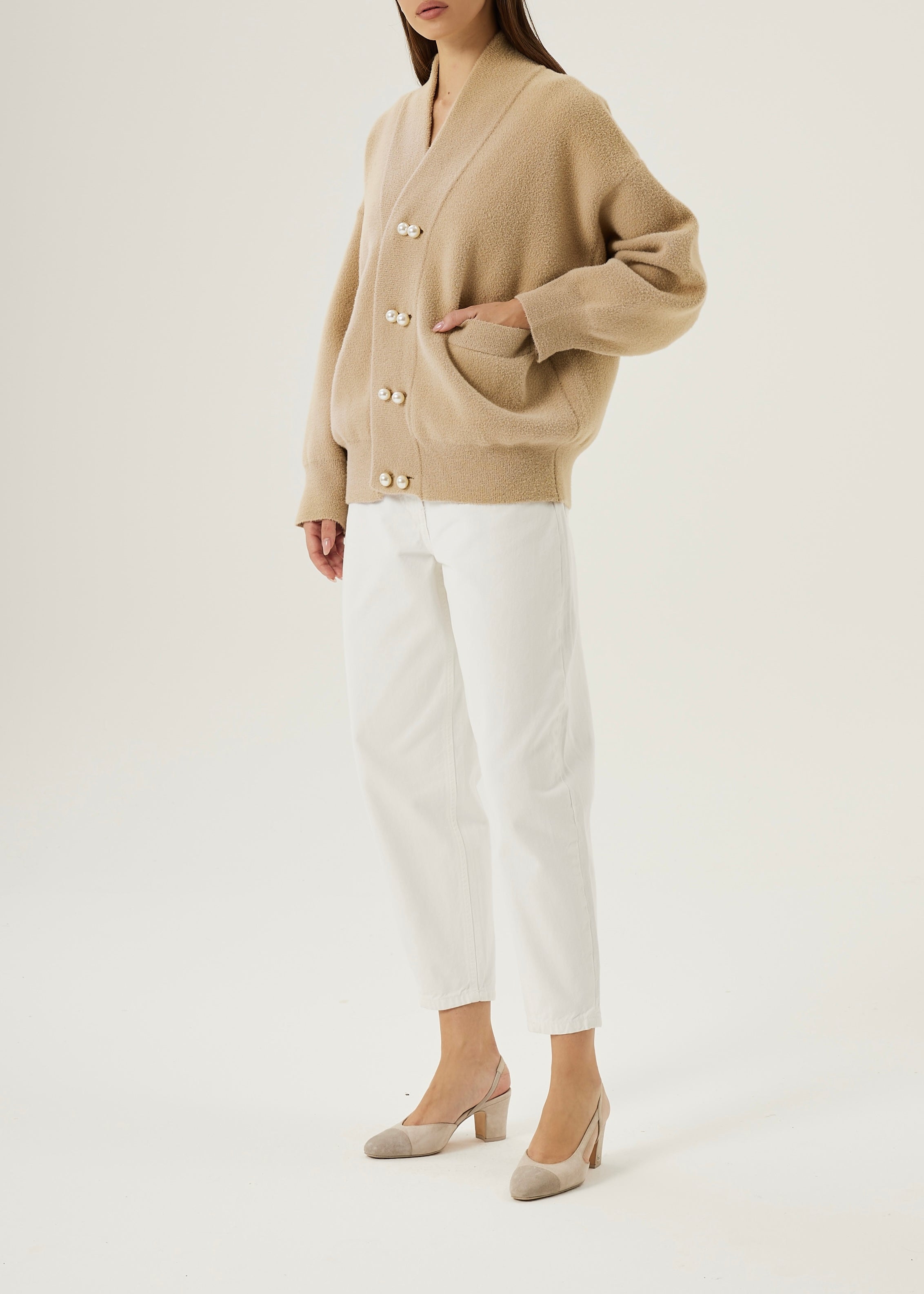 Sharla Pearl Button Plush Cardigan | Latte