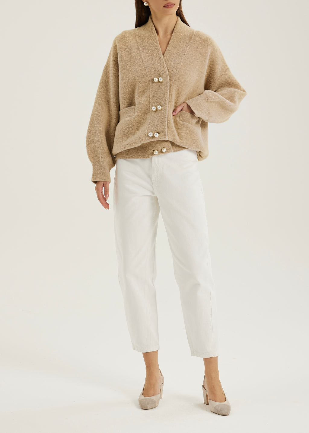 Sharla Pearl Button Plush Cardigan | Latte