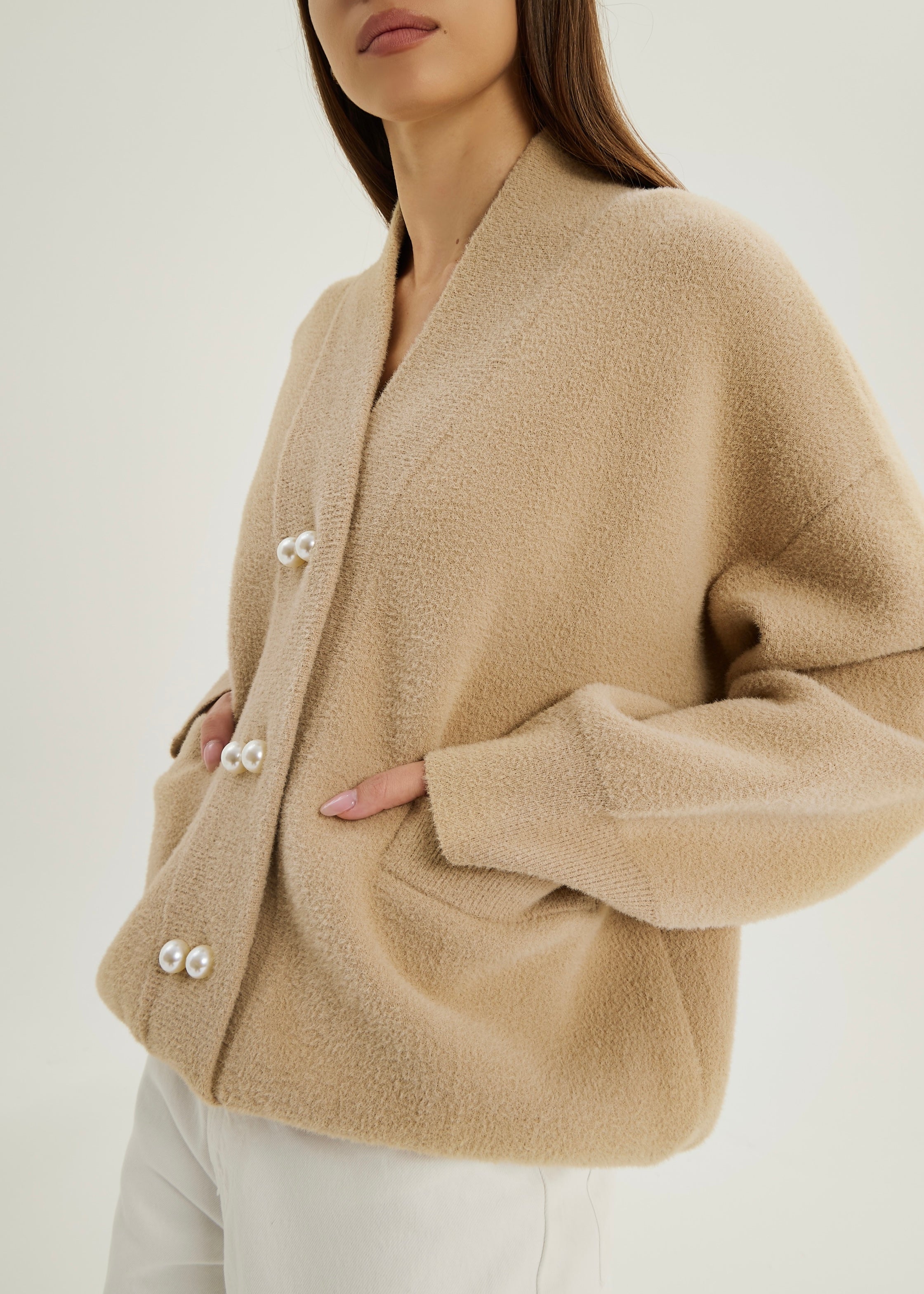 Sharla Pearl Button Plush Cardigan | Latte