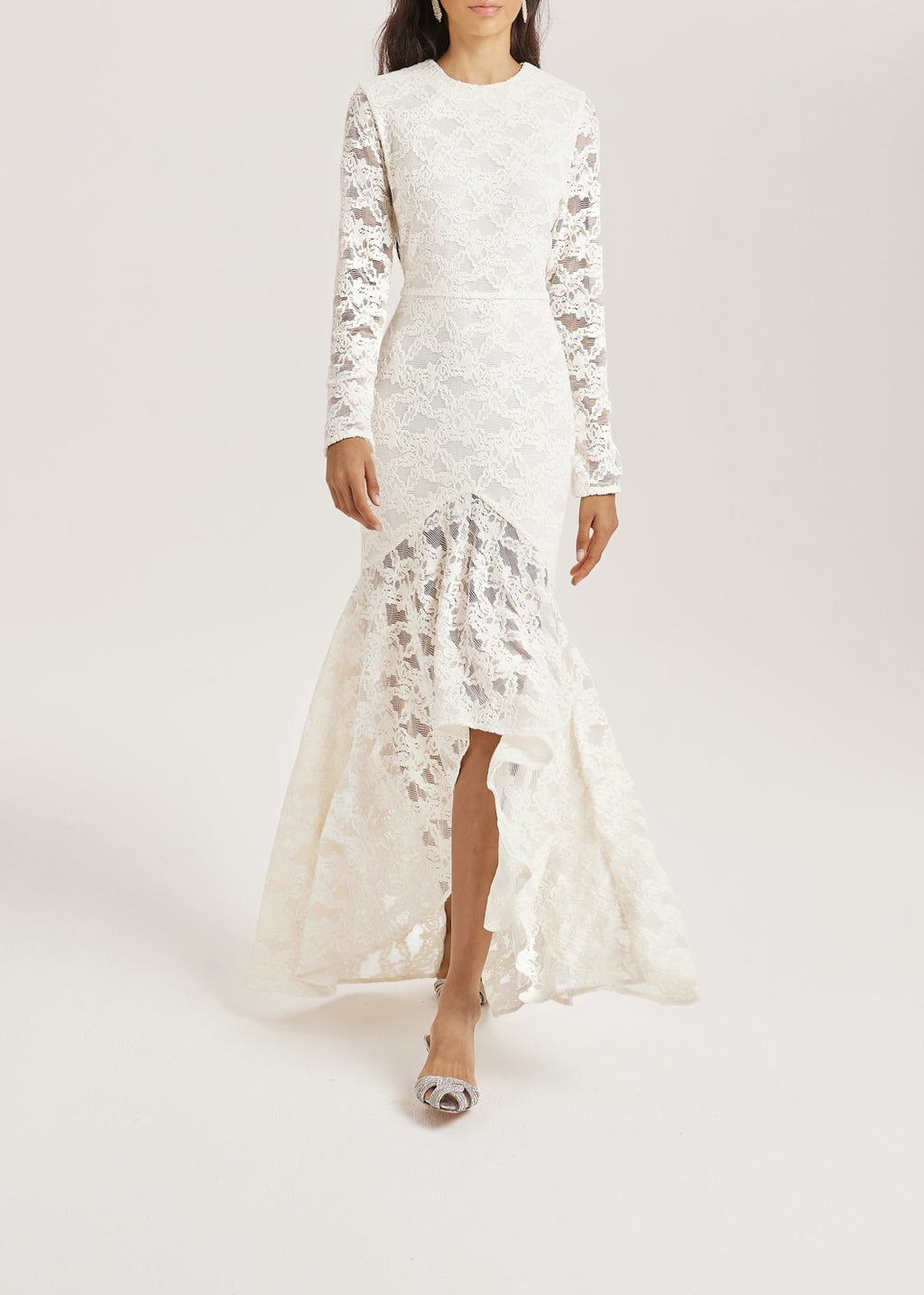 Sienna Velvet Applique Lace Cascade Dress | Ivory White