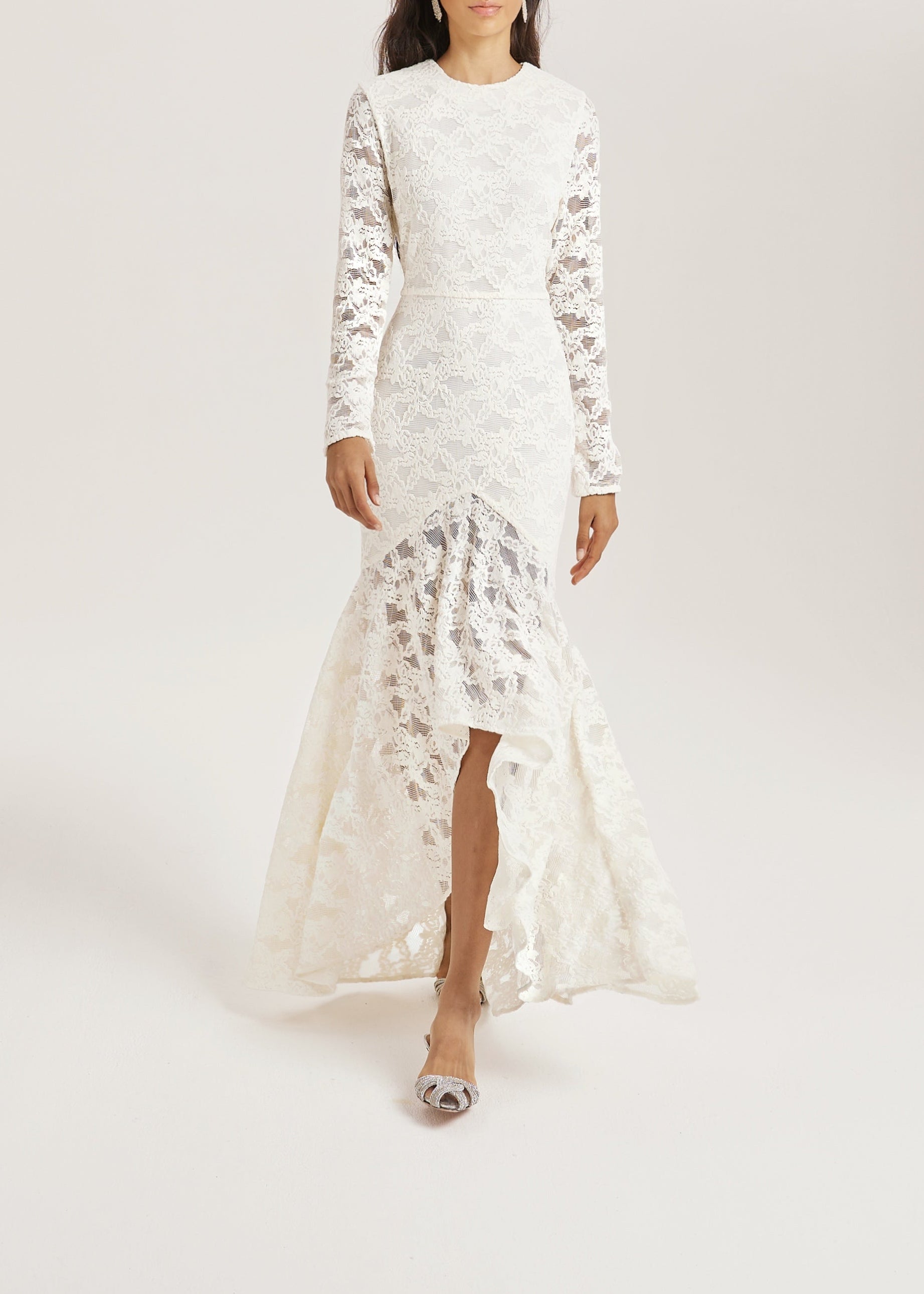 Sienna Velvet Applique Lace Cascade Dress | Ivory White
