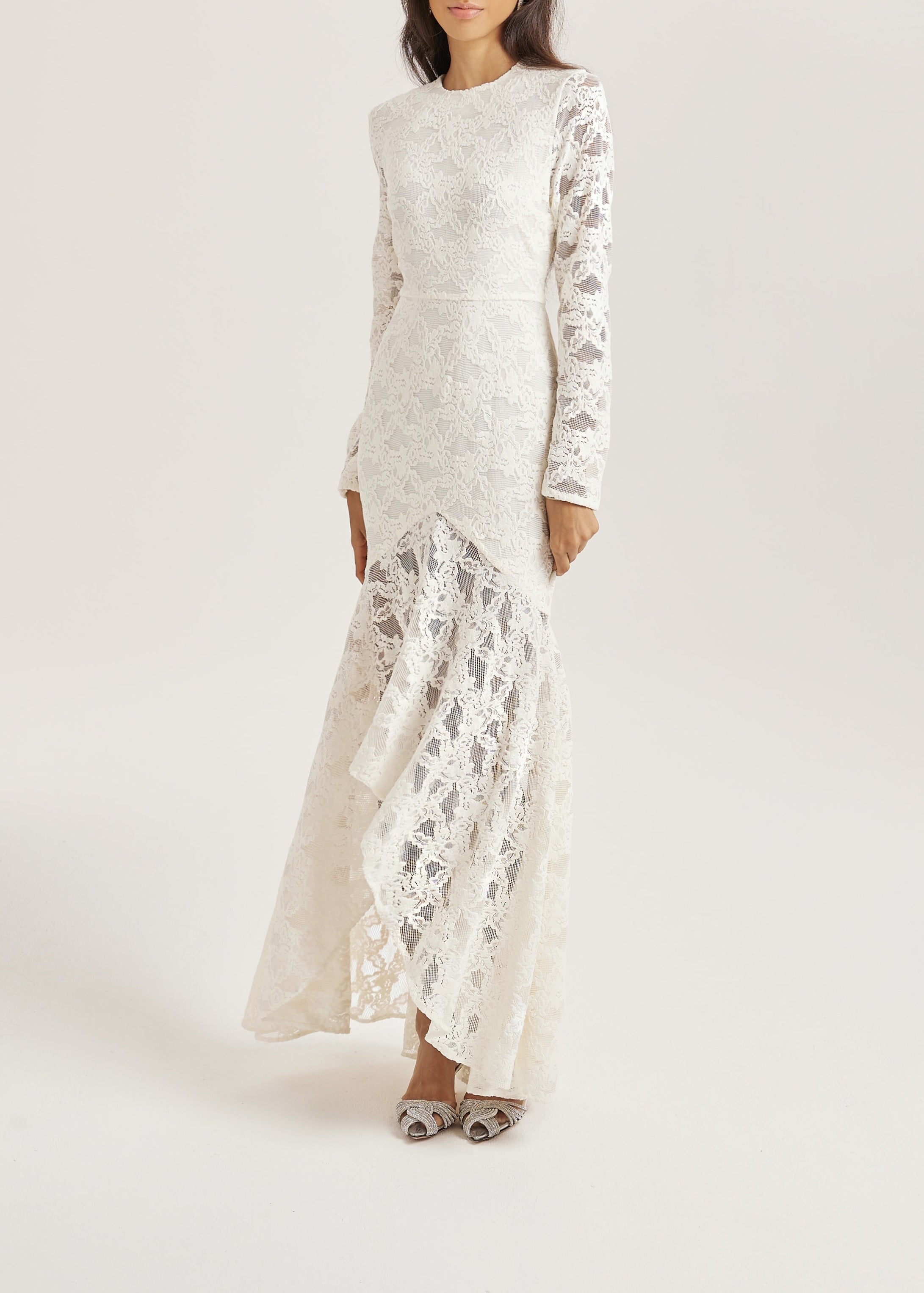 Sienna Velvet Applique Lace Cascade Dress | Ivory White