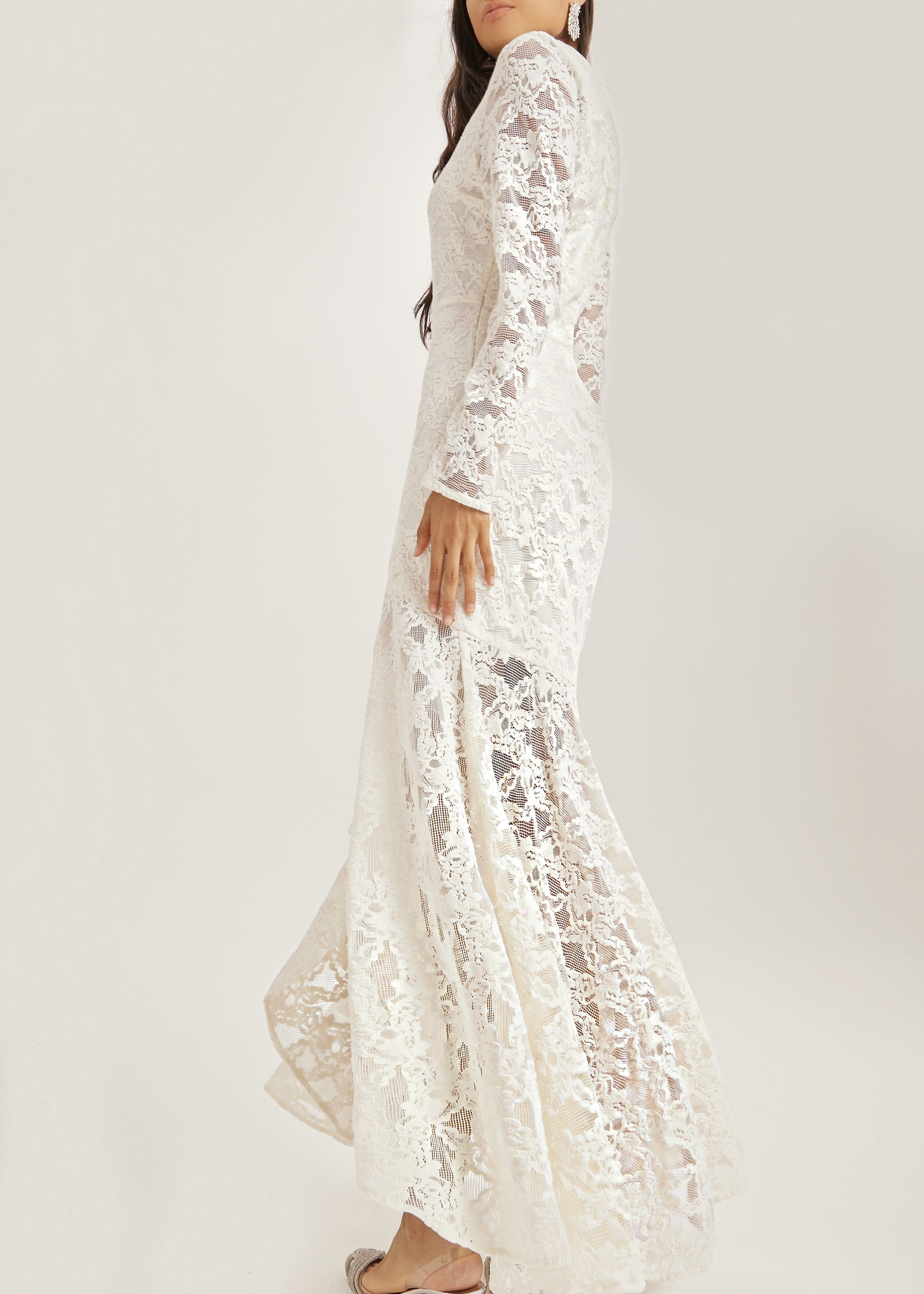Sienna Velvet Applique Lace Cascade Dress | Ivory White