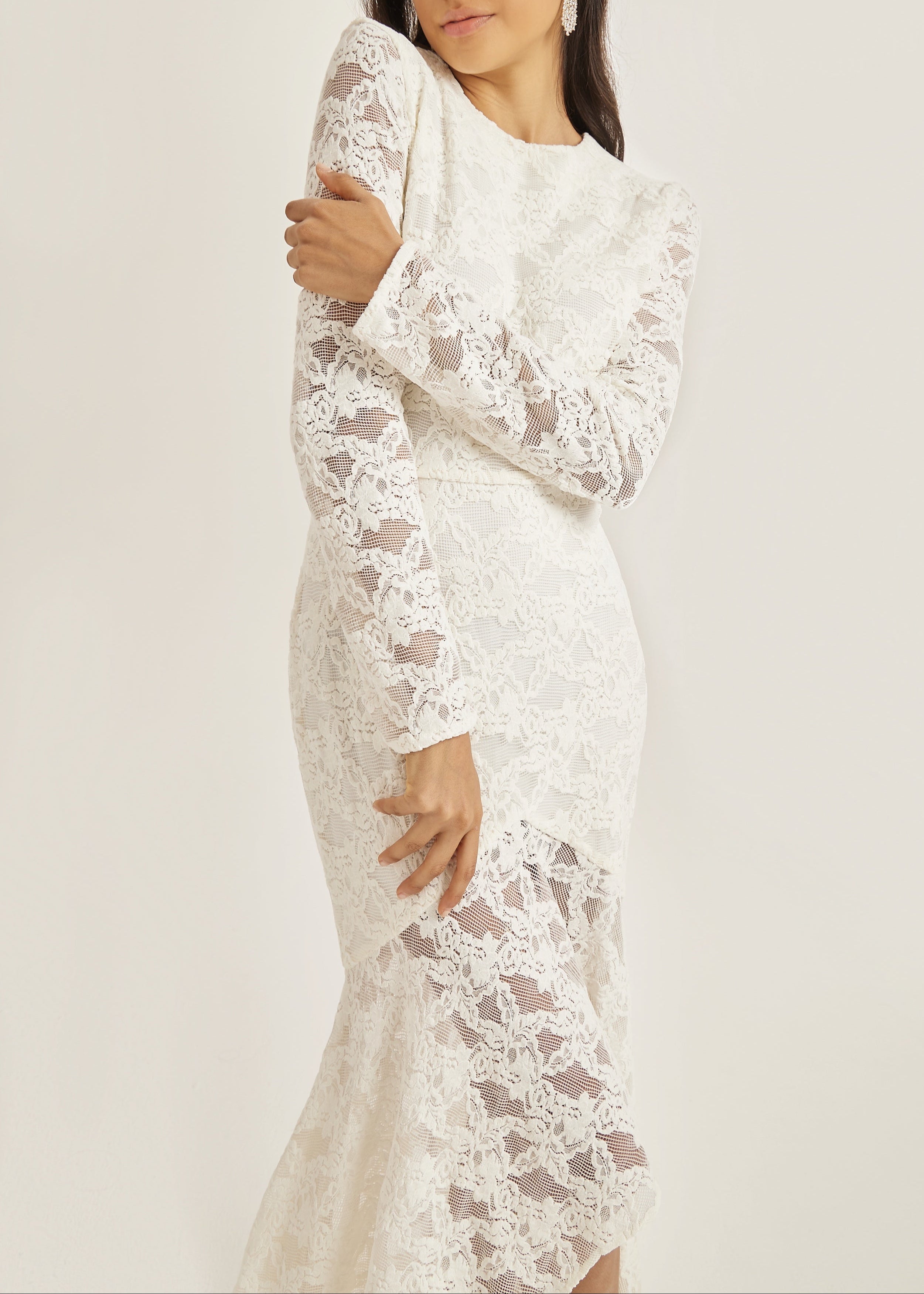 Sienna Velvet Applique Lace Cascade Dress | Ivory White