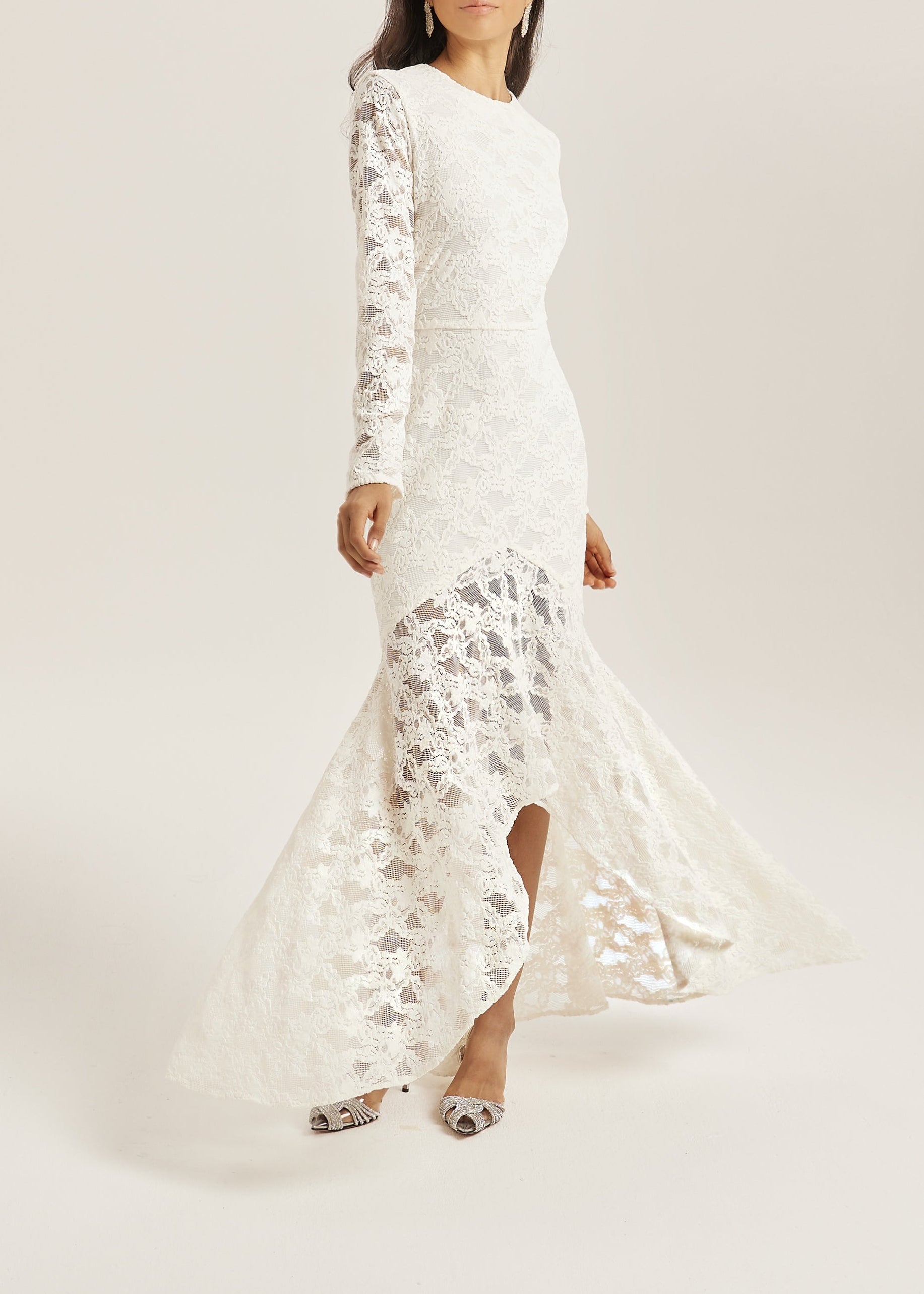 Sienna Velvet Applique Lace Cascade Dress | Ivory White