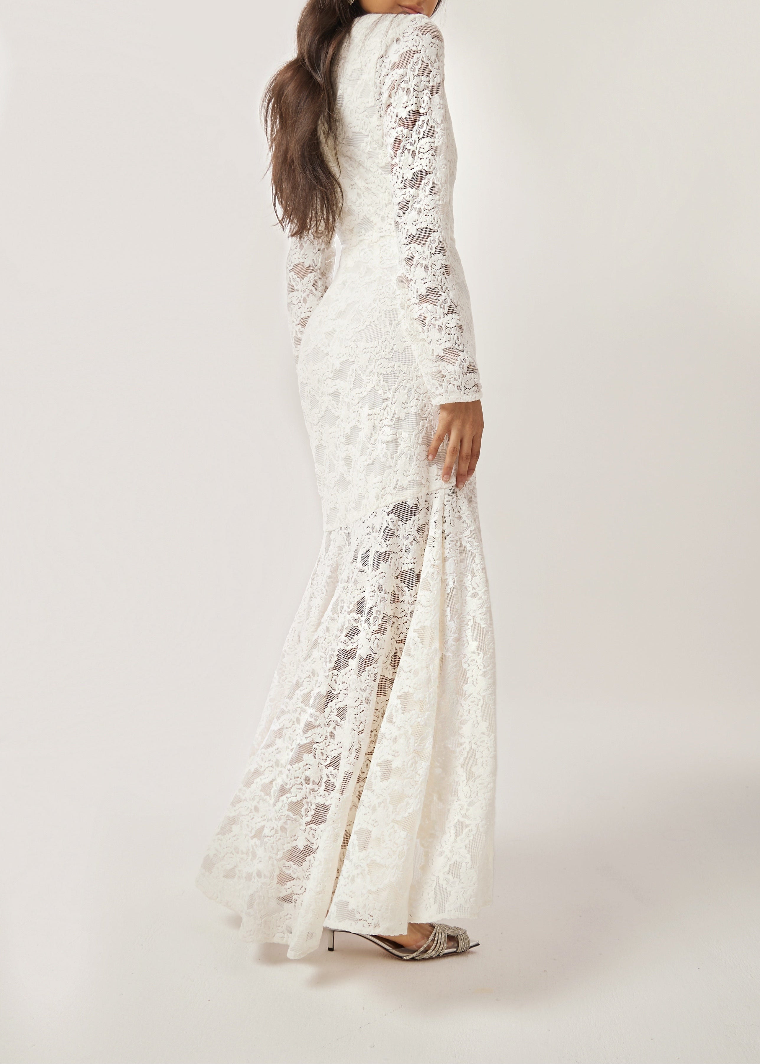 Sienna Velvet Applique Lace Cascade Dress | Ivory White