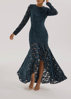 Sienna Velvet Applique Lace Cascade Dress | Teal