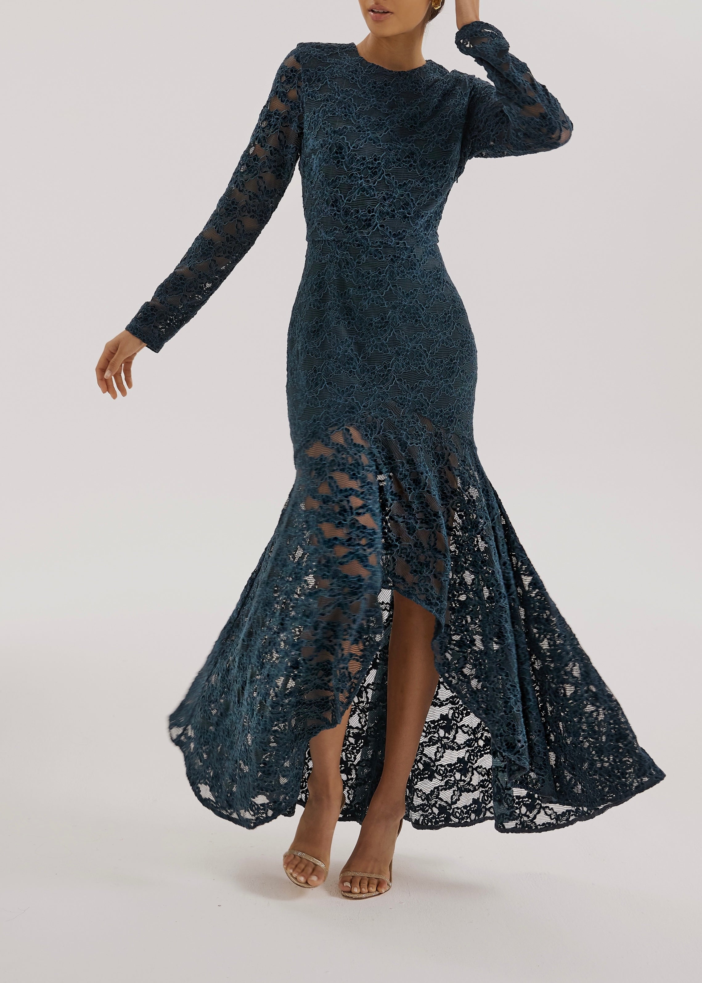 Sienna Velvet Applique Lace Cascade Dress | Teal