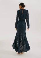 Sienna Velvet Applique Lace Cascade Dress | Teal