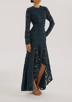 Sienna Velvet Applique Lace Cascade Dress | Teal
