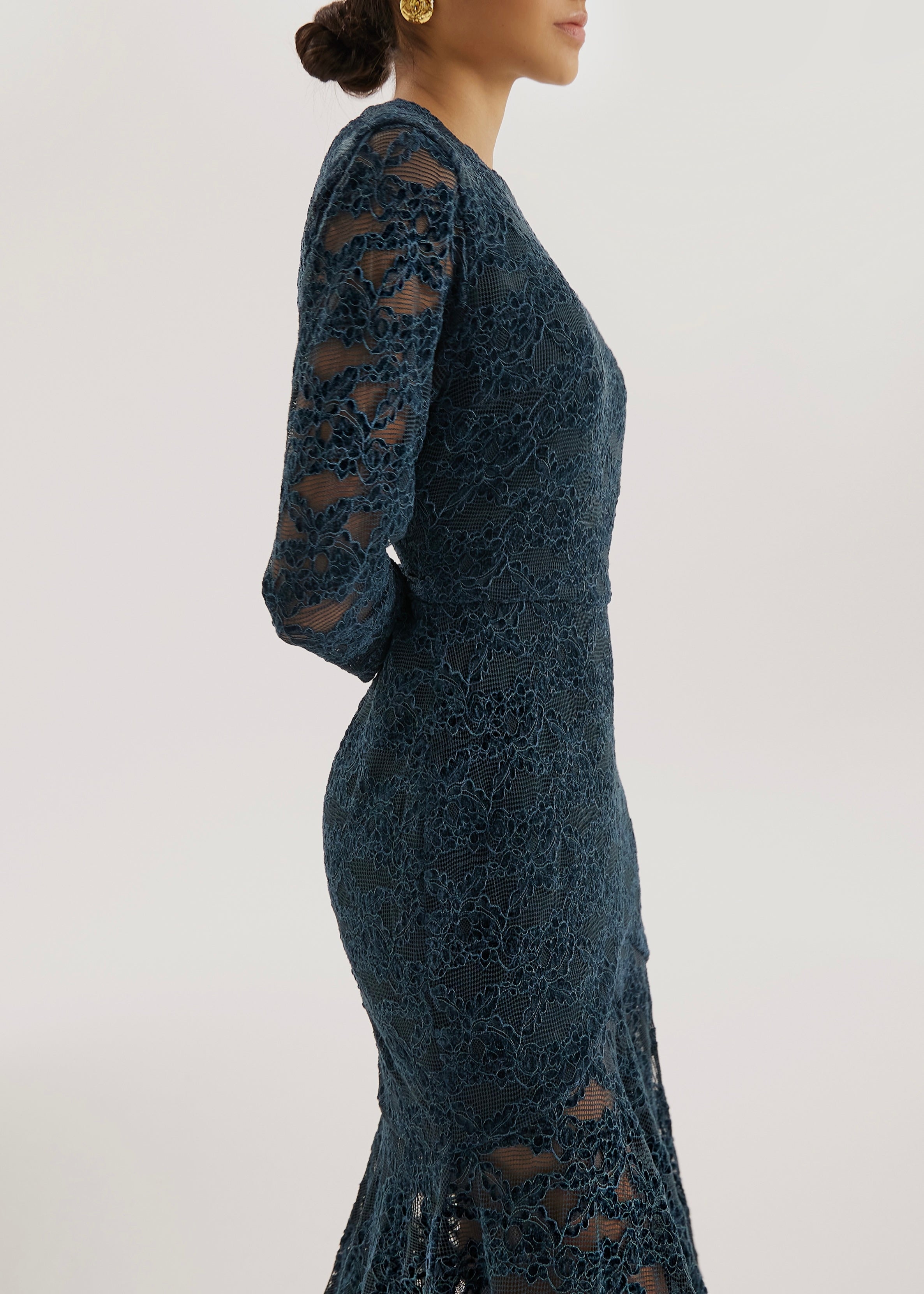 Sienna Velvet Applique Lace Cascade Dress | Teal