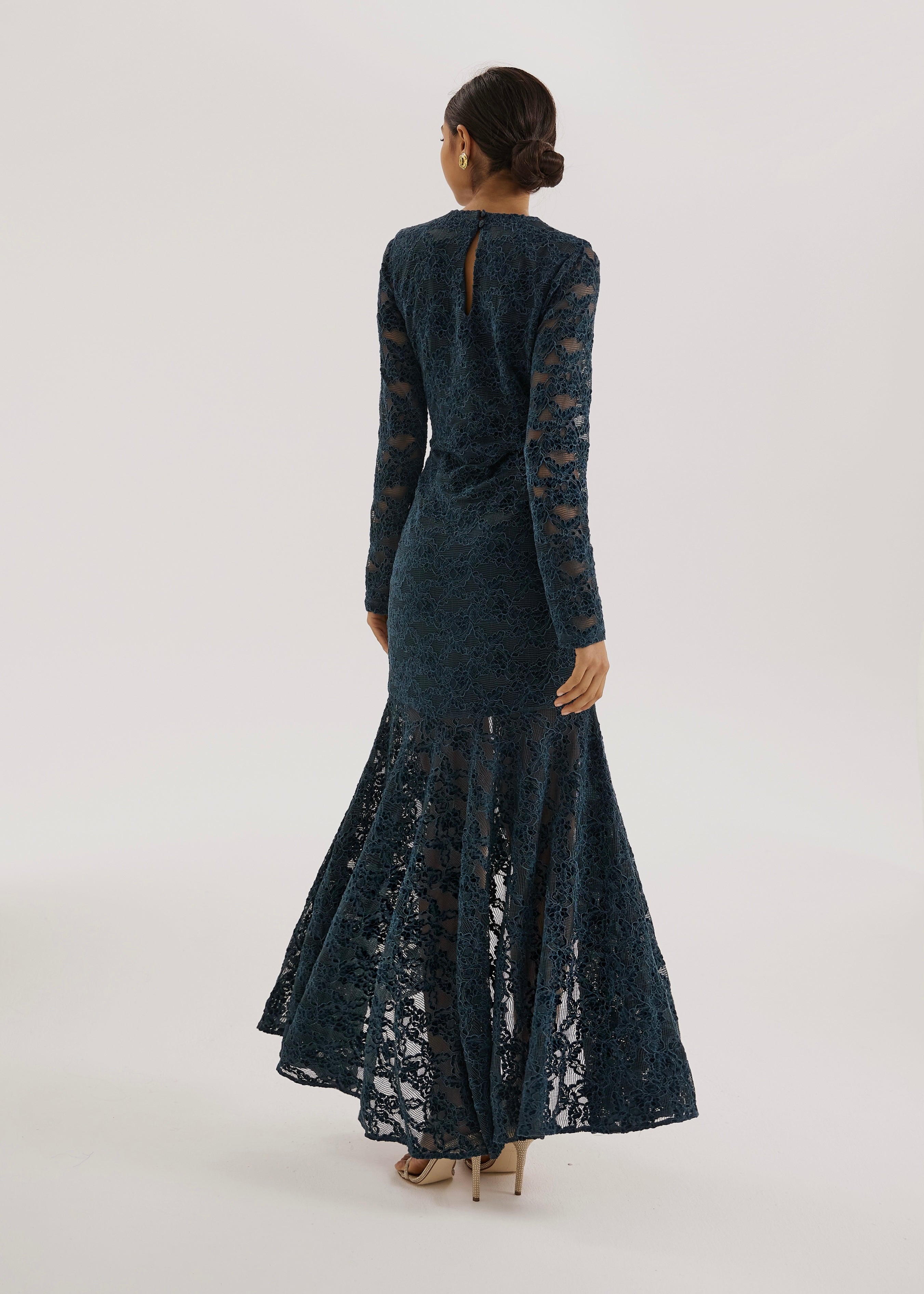 Sienna Velvet Applique Lace Cascade Dress | Teal