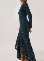 Sienna Velvet Applique Lace Cascade Dress | Teal