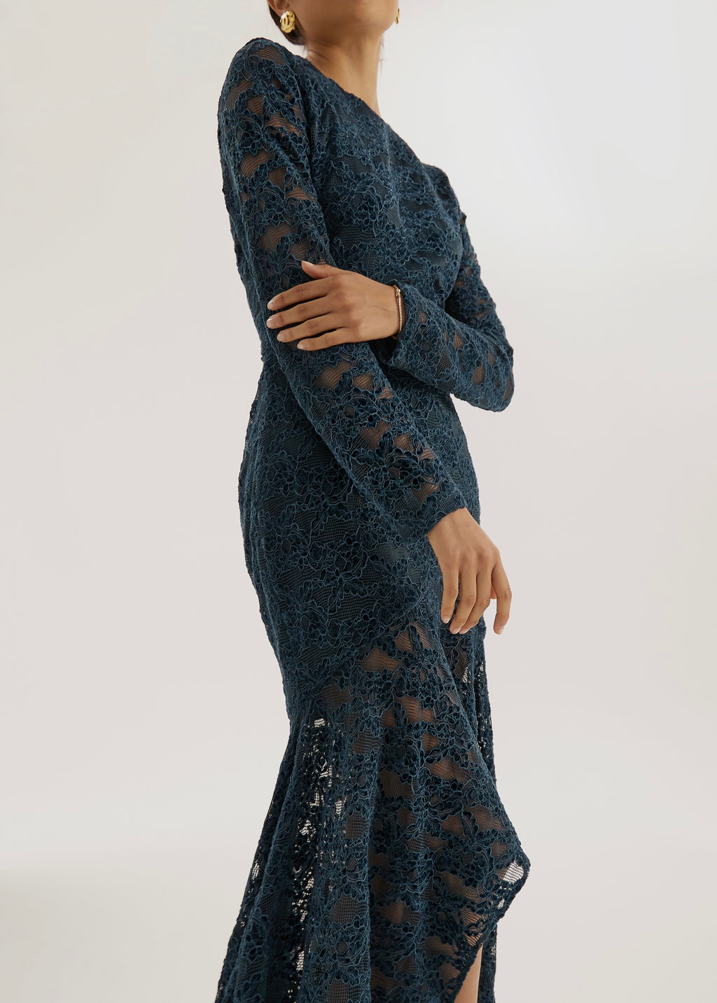 Sienna Velvet Applique Lace Cascade Dress | Teal