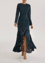 Sienna Velvet Applique Lace Cascade Dress | Teal