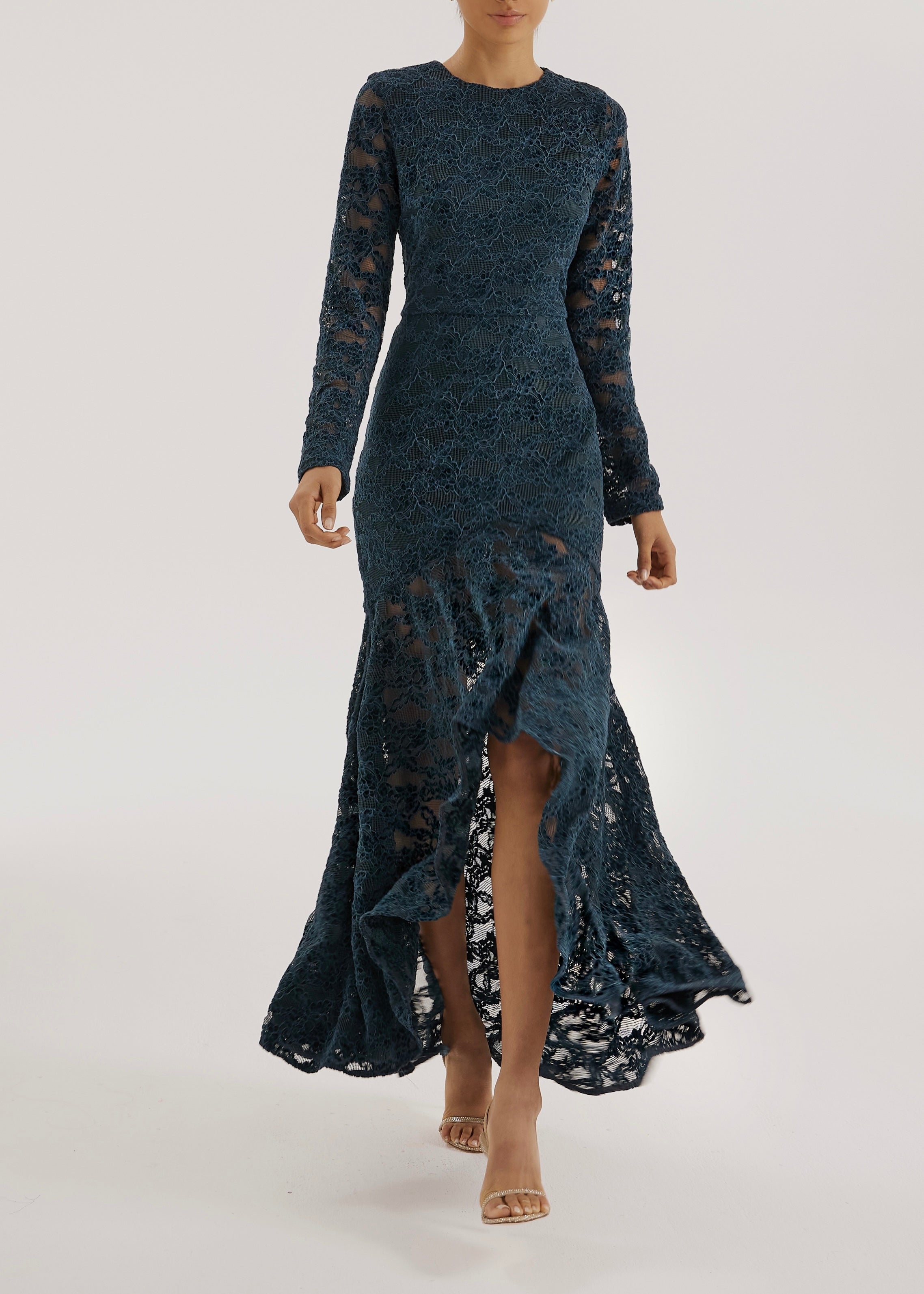 Sienna Velvet Applique Lace Cascade Dress | Teal