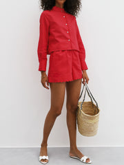 Aveline Scalloped Detail Linen Shorts | Coral Red